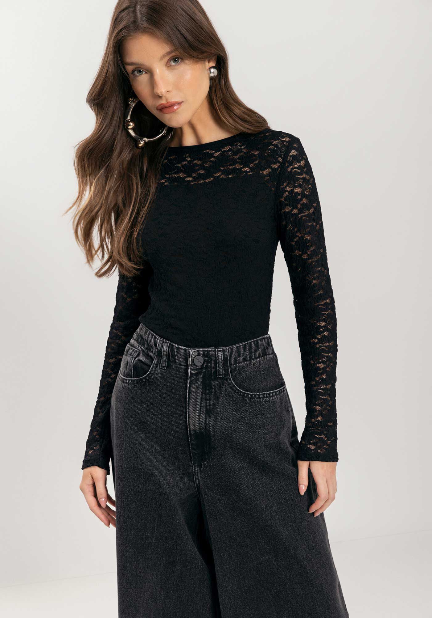 Blusa De Manga Longa Em Renda Com Top De Al&ccedil;as, PRETO, large.