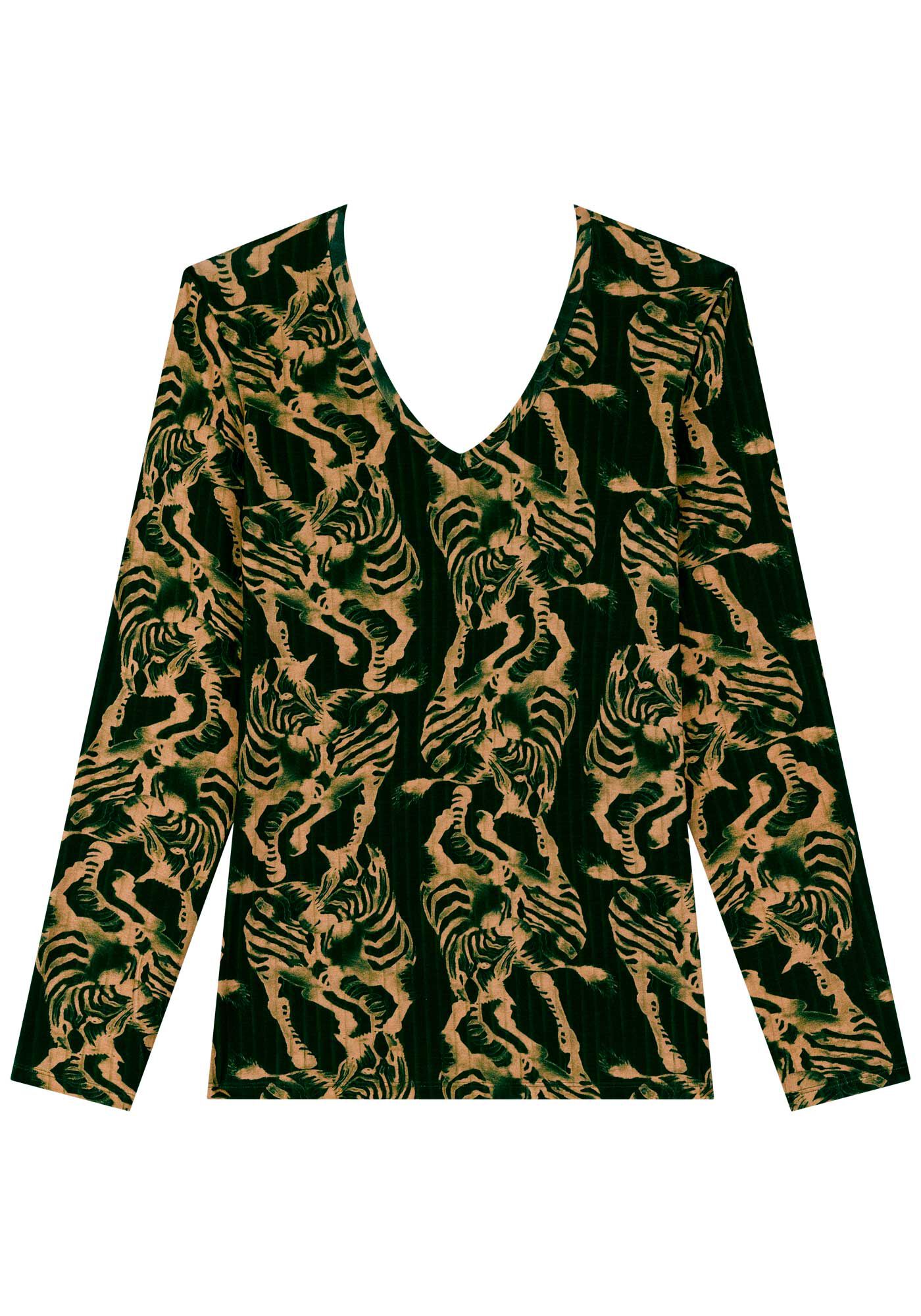 Blusa Estampada De Mangas Longas Em Malha De Viscose, ZEBRA PLISSE VERDE, large.