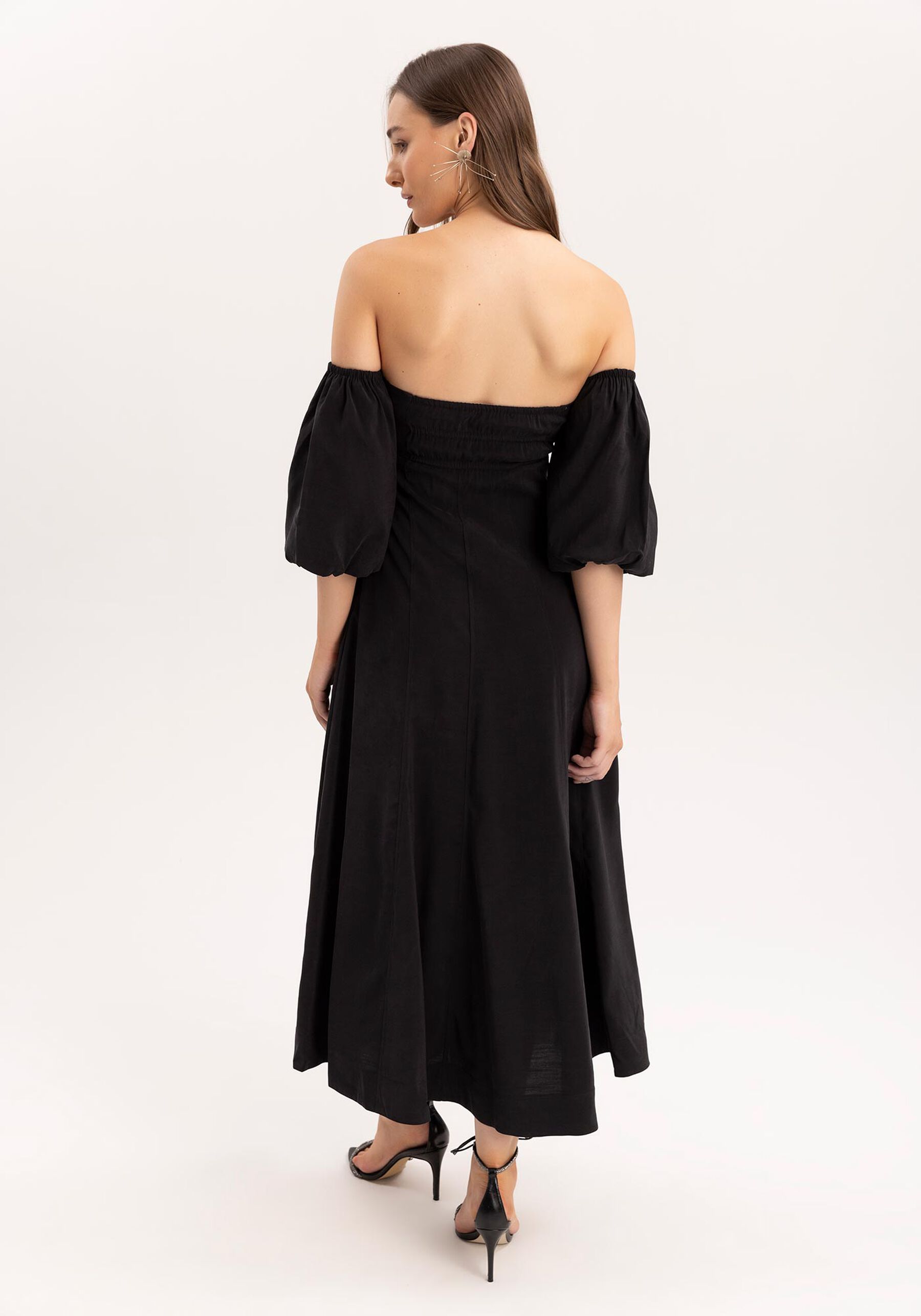 Vestido Midi Ombro a Ombro com Manga Bufante, . Vestido Midi Ombro a Ombro com Manga Bufante, , large.