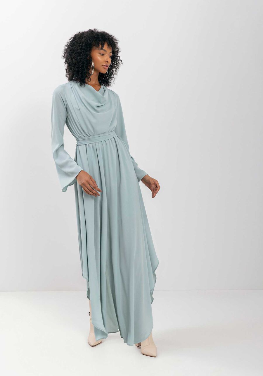 Vestido Longo De Mangas Com Gola Degagê Em Chiffon, . Vestido Longo De Mangas Com Gola Degagê Em Chiffon, , large.