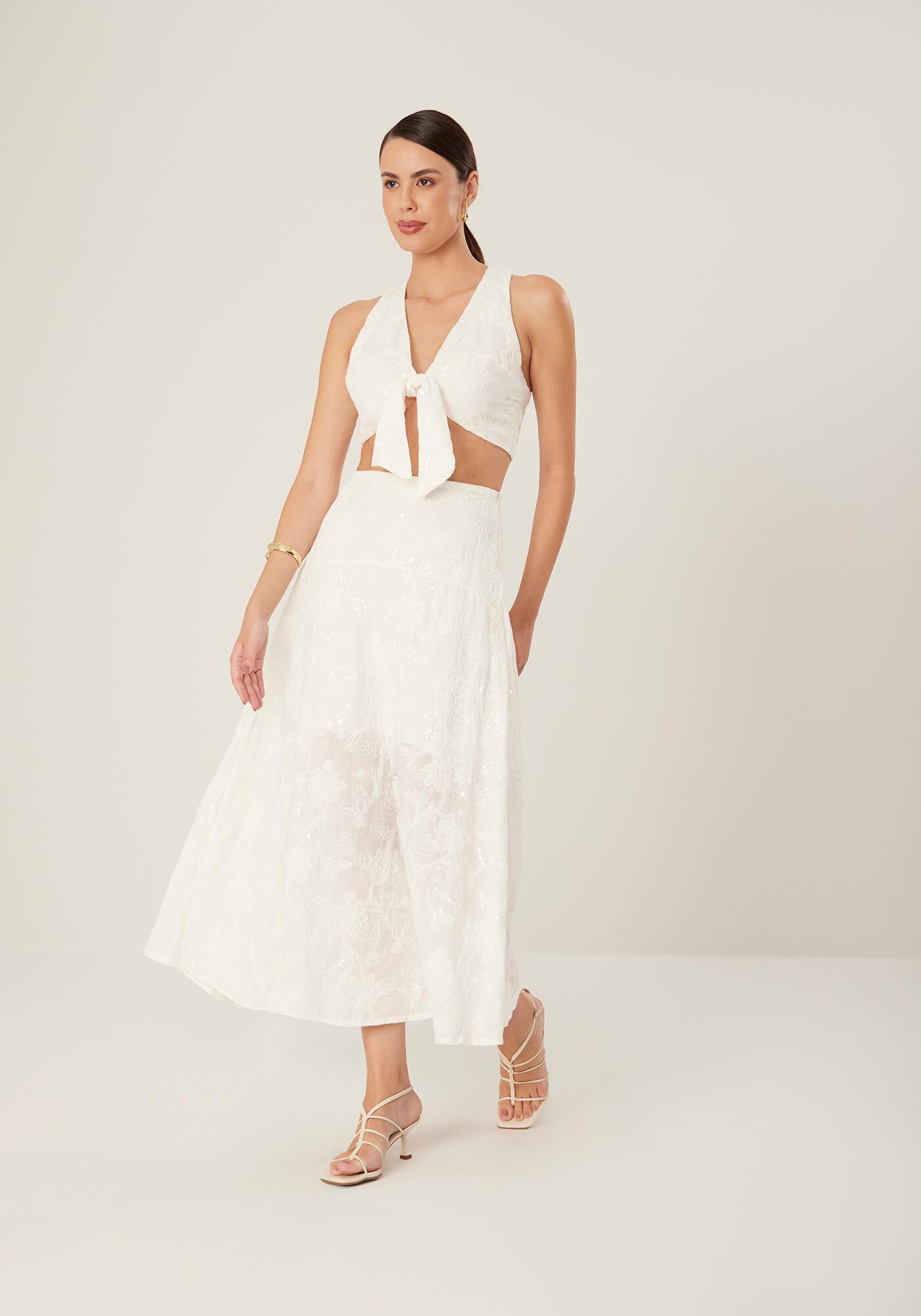 Saia Midi Evas&ecirc; em Tecido Bordado Paet&ecirc;s, , large.