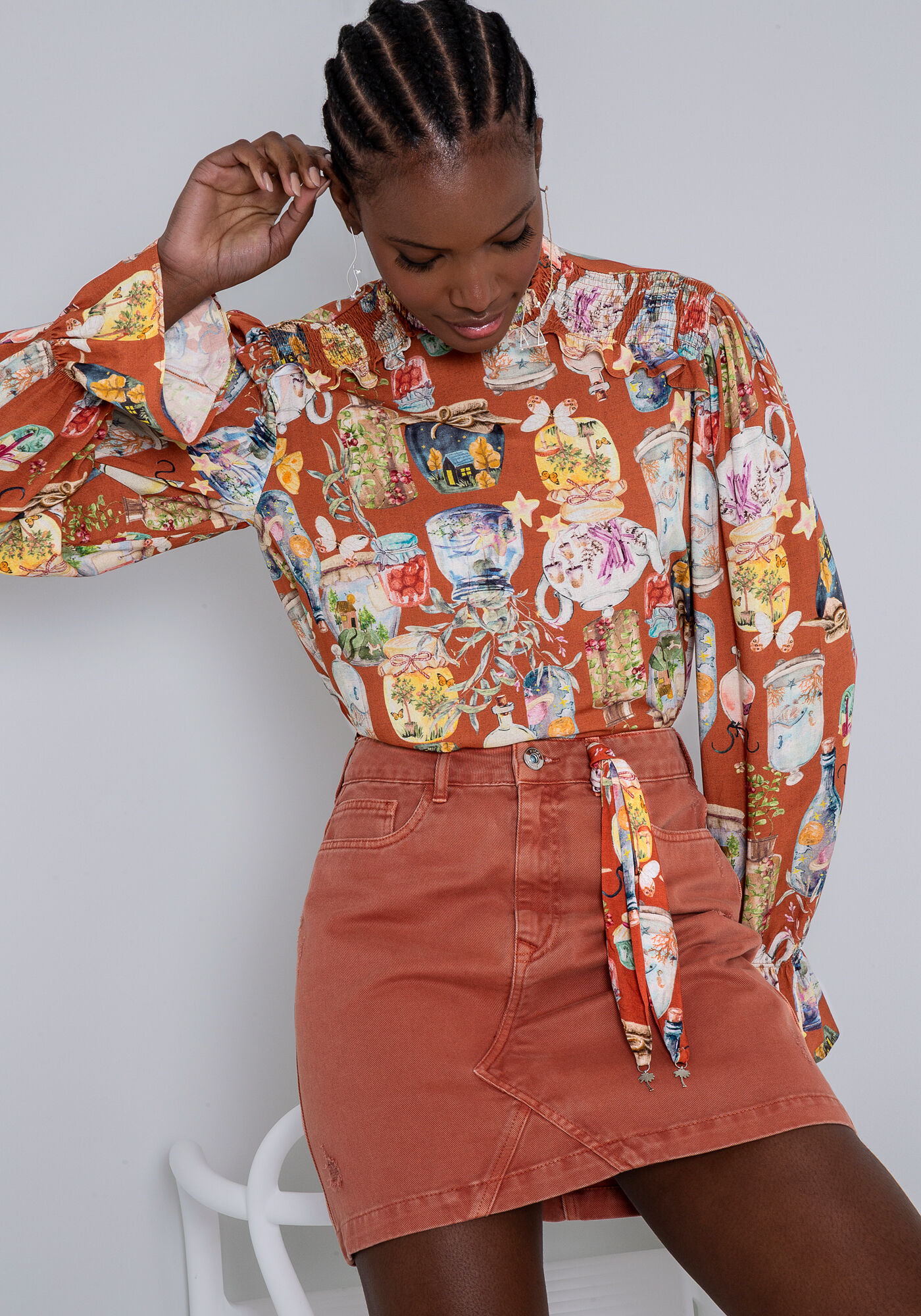 Saia Curta em Sarja com Len&ccedil;o Estampado, , large.