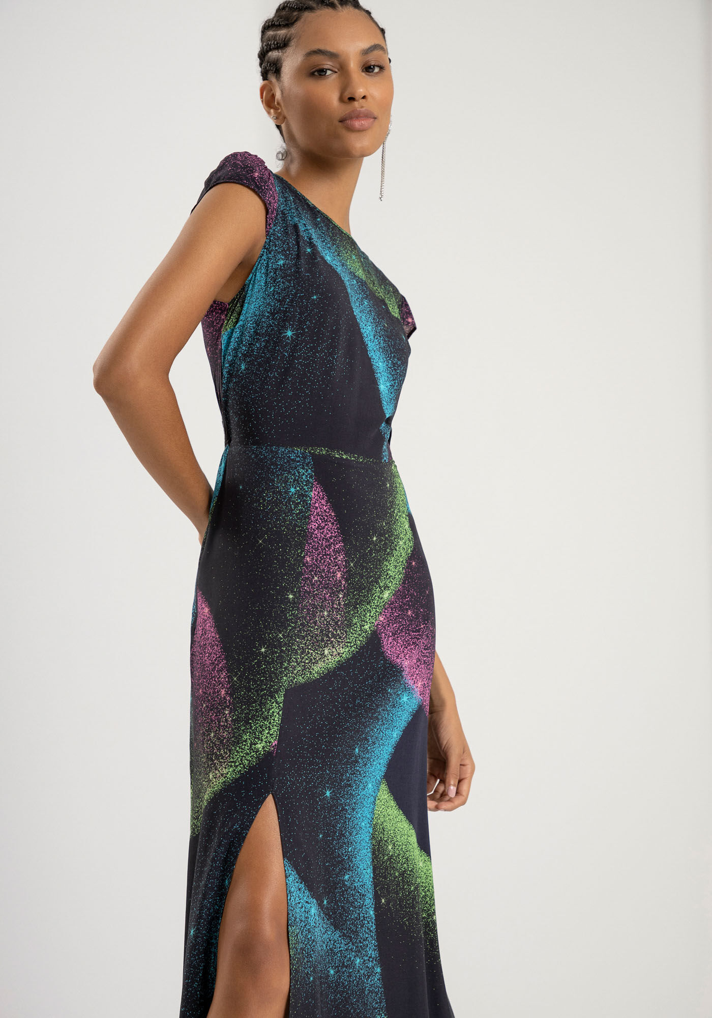 Vestido Midi Estampado com Fenda, , large.