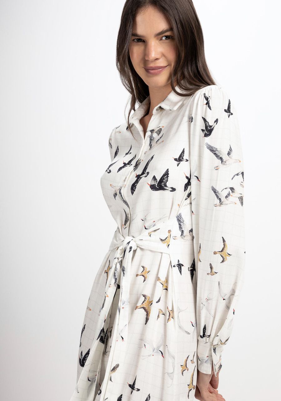 Vestido Longo Chemise em Viscose com Manga Longa, PASSAROS. Vestido Longo Chemise em Viscose com Manga Longa, PASSAROS, large.