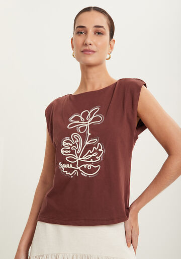 Blusa Sem Mangas Com Decote Canoa E Bordado Em Relevo, MARROM CHOCOLATE. Blusa Sem Mangas Com Decote Canoa E Bordado Em Relevo, MARROM CHOCOLATE, large.