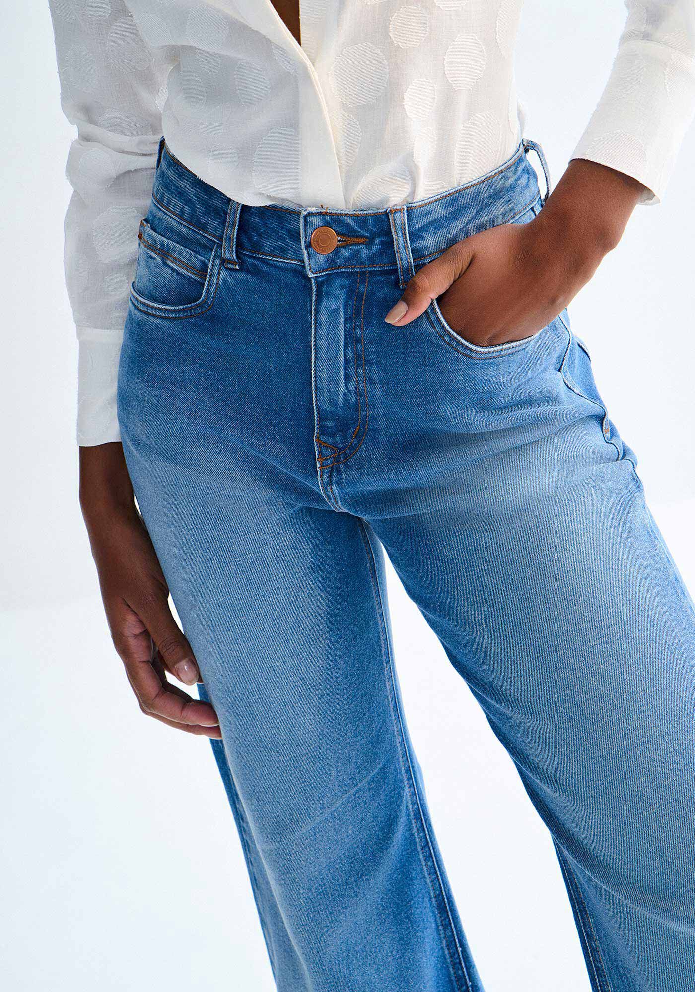 Cal&ccedil;a Jeans Wide Leg Cintura Alta com Elasticidade, , large.