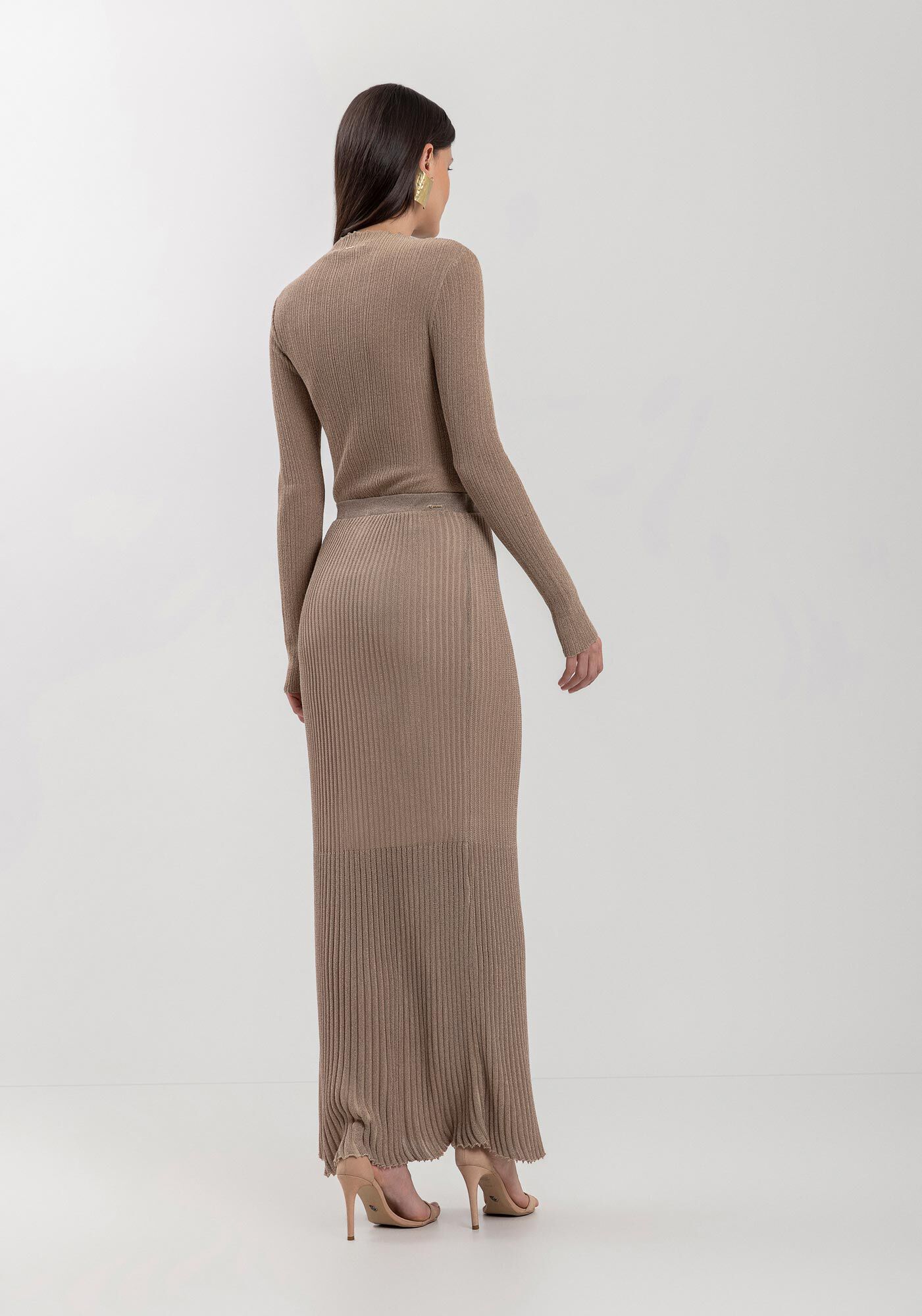 Saia Midi Ch&aacute; Em Tric&ocirc; Com Cintura M&eacute;dia E Fios De Lurex, BEGE CENTURY, large.