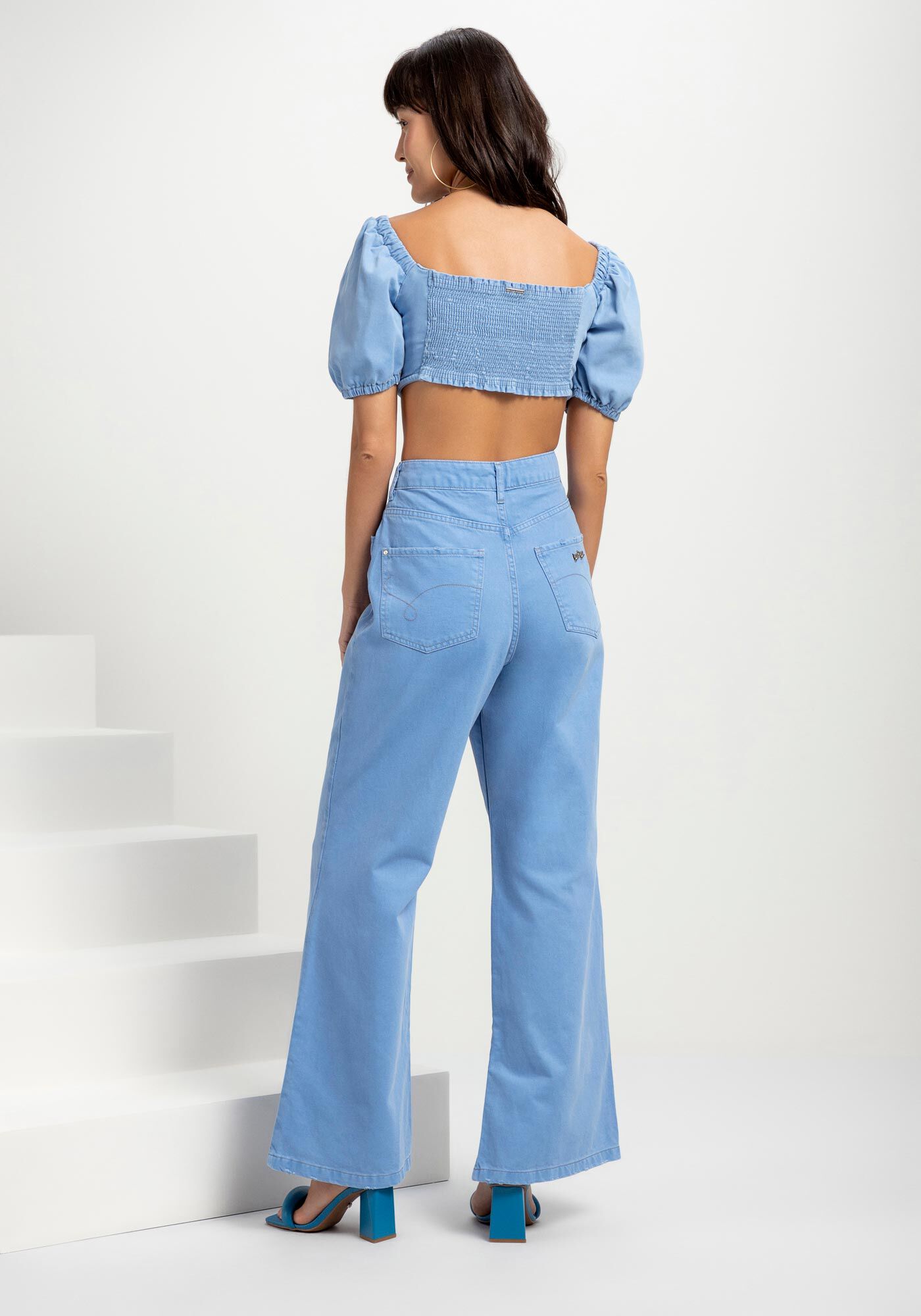 Blusa Sarja Cropped com Manga Bufante, , large.