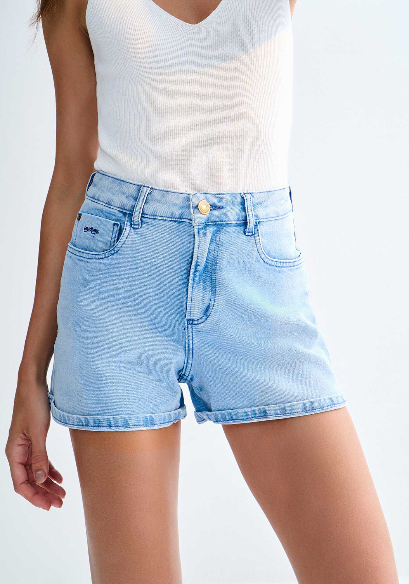 Shorts Jeans Boyfriend Claro Estonado com Elasticidade, , large.