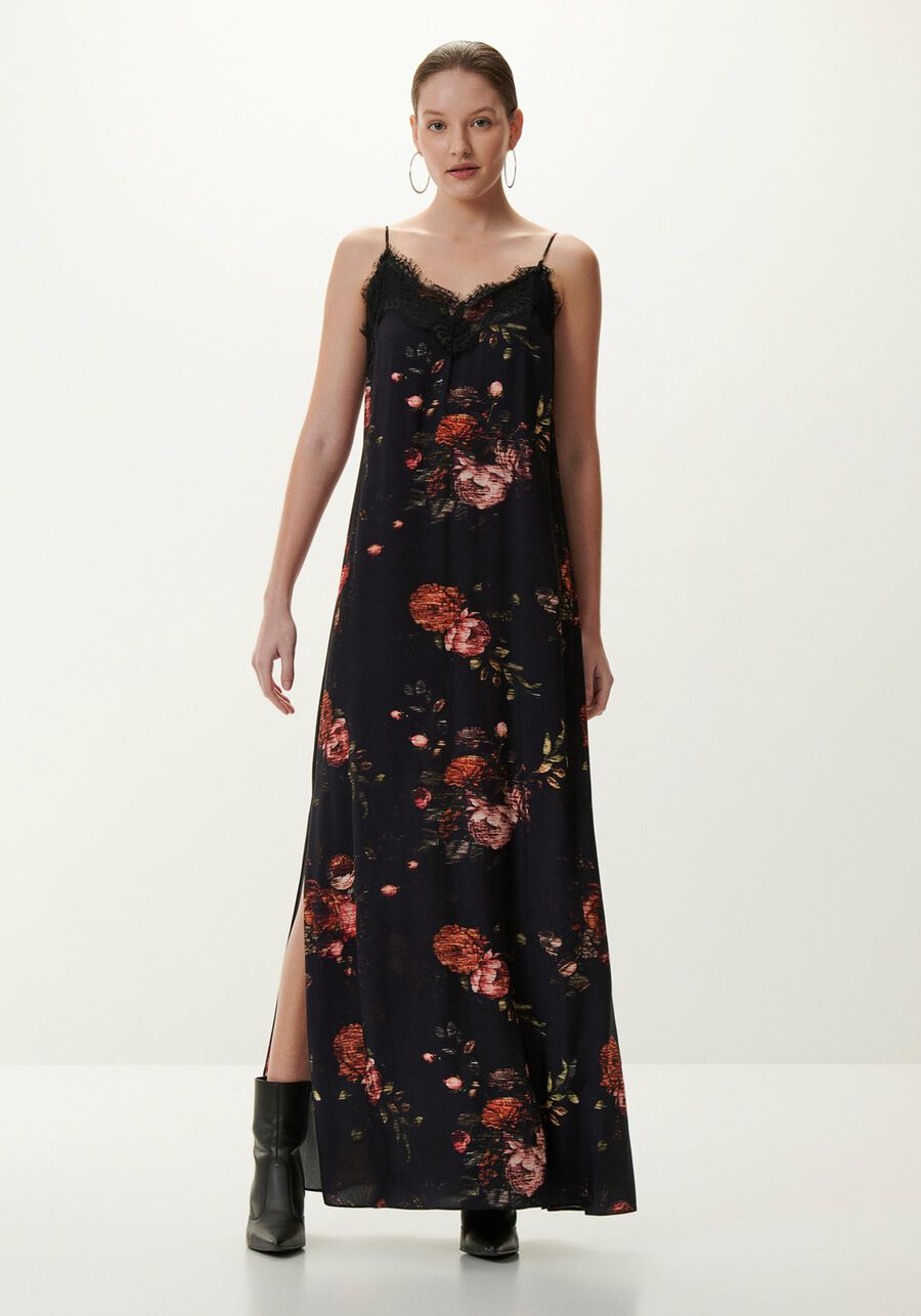 Vestido Longo Slip Estampado em Viscose com Renda, VIENA. Vestido Longo Slip Estampado em Viscose com Renda, VIENA, large.