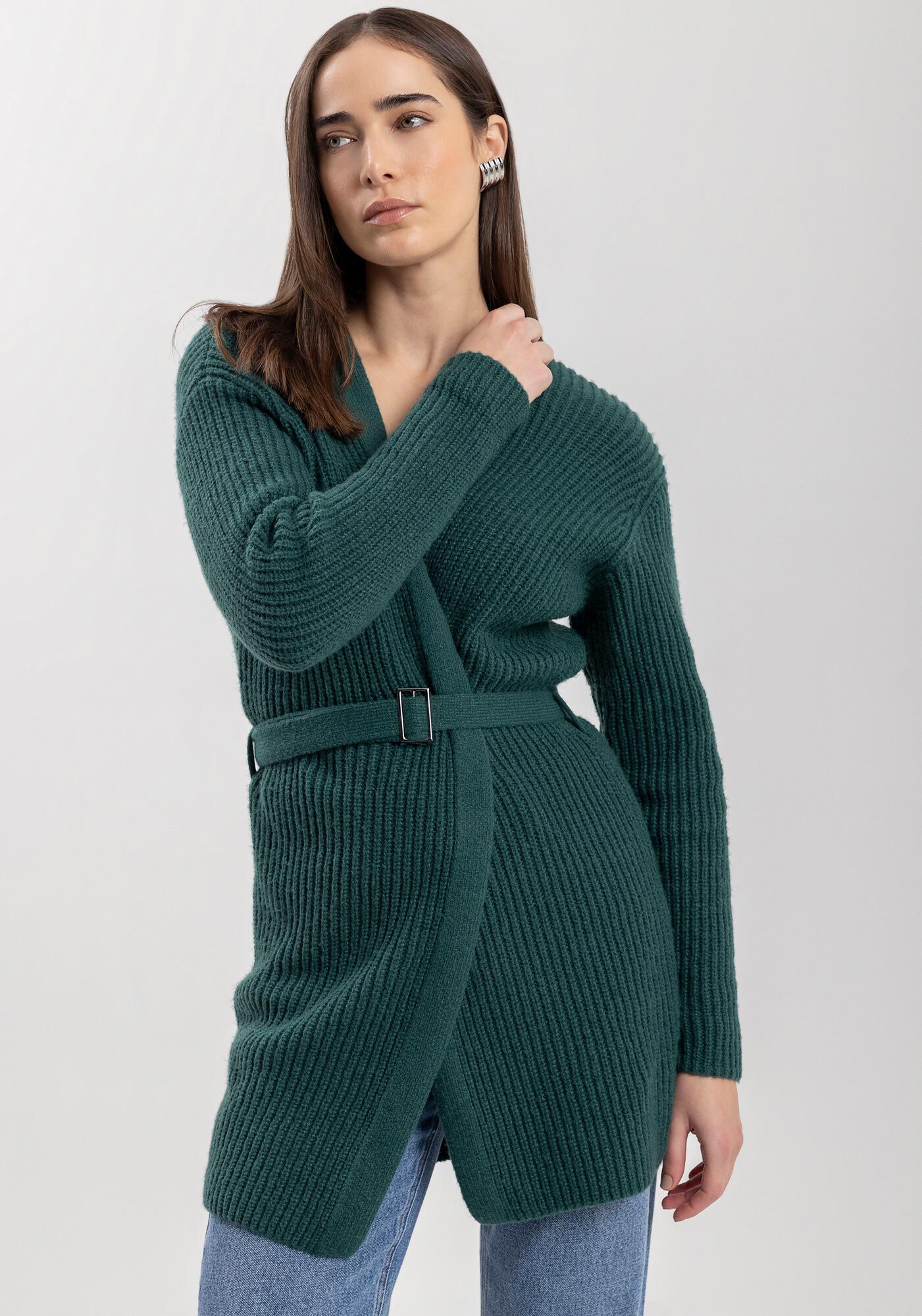 Cardigan Alongado Em Tric&ocirc; Com Cinto Afivelado, , large.