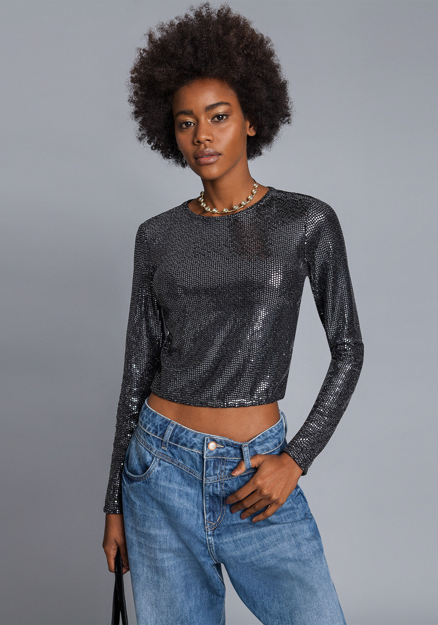 Blusa Cropped Paet&ecirc;s Manga Longa, , large.