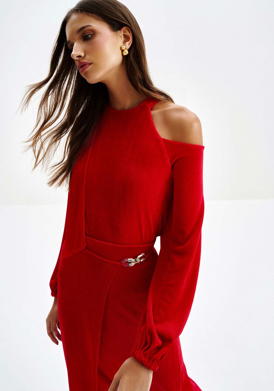 Blusa Manga Longa com Recorte Ombros e Amarração, VERMELHO ROSE MADDER. Blusa Manga Longa com Recorte Ombros e Amarração, VERMELHO ROSE MADDER, large.