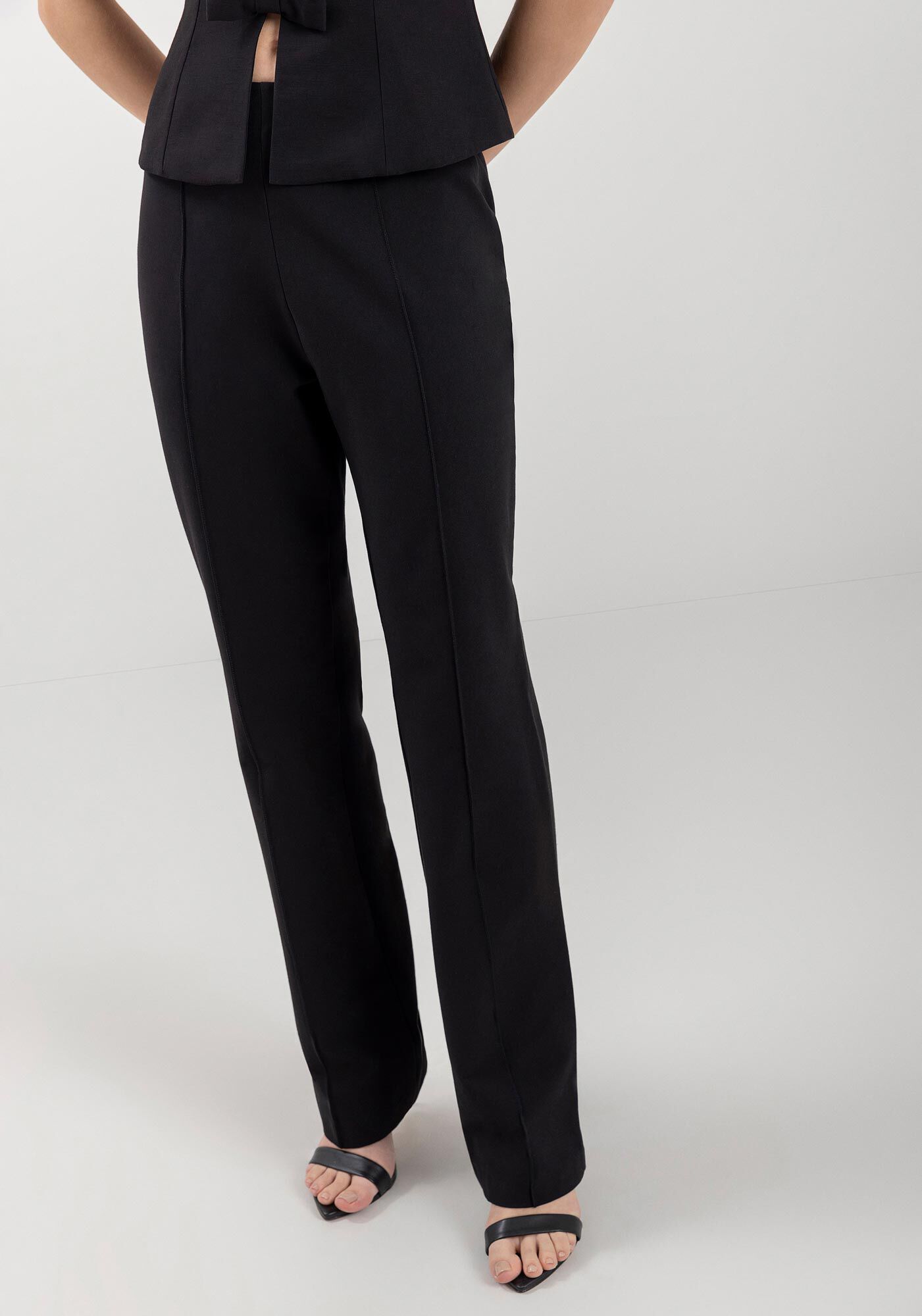 Cal&ccedil;a Reta Em Bengaline Com Cintura Alta E Nervuras, PRETO, large.