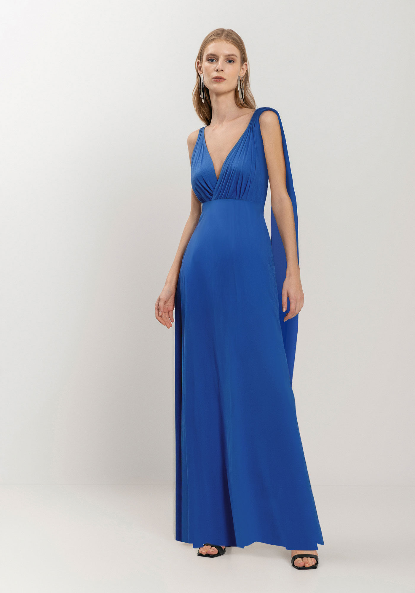 Vestido Longo Fluido Forrado Com Decote Em V, , large.