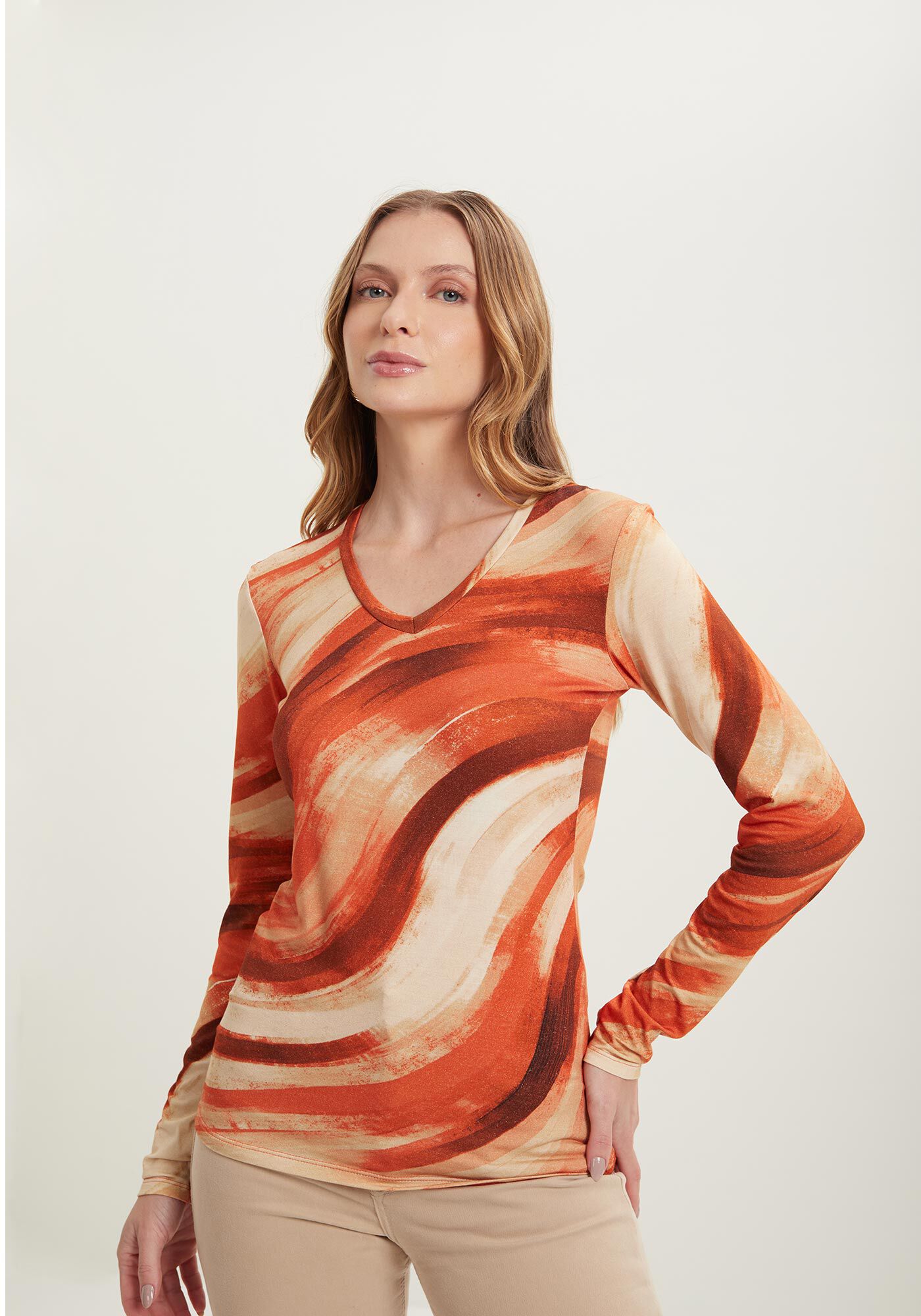 Blusa Estampada De Mangas Longas Em Malha De Viscose, ART LARANJA, large.