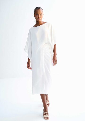 Blusa Manga 3/4 Túnica Assimétrica com Ponta, BRANCO OFF WHITE. Blusa Manga 3/4 Túnica Assimétrica com Ponta, BRANCO OFF WHITE, large.