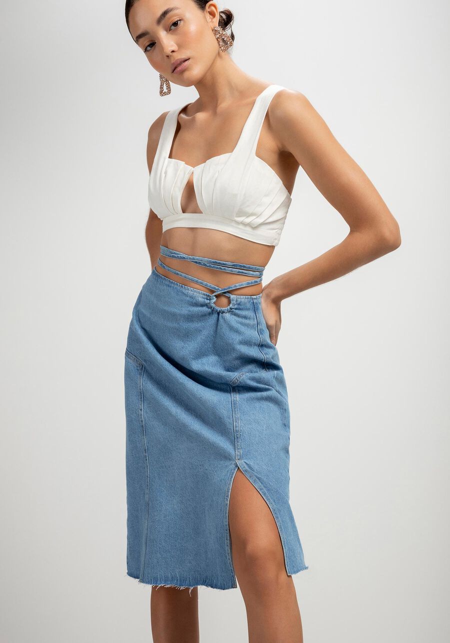 Saia Jeans Midi com Cintura Alta e Amarração, JEANS. Saia Jeans Midi com Cintura Alta e Amarração, JEANS, large.