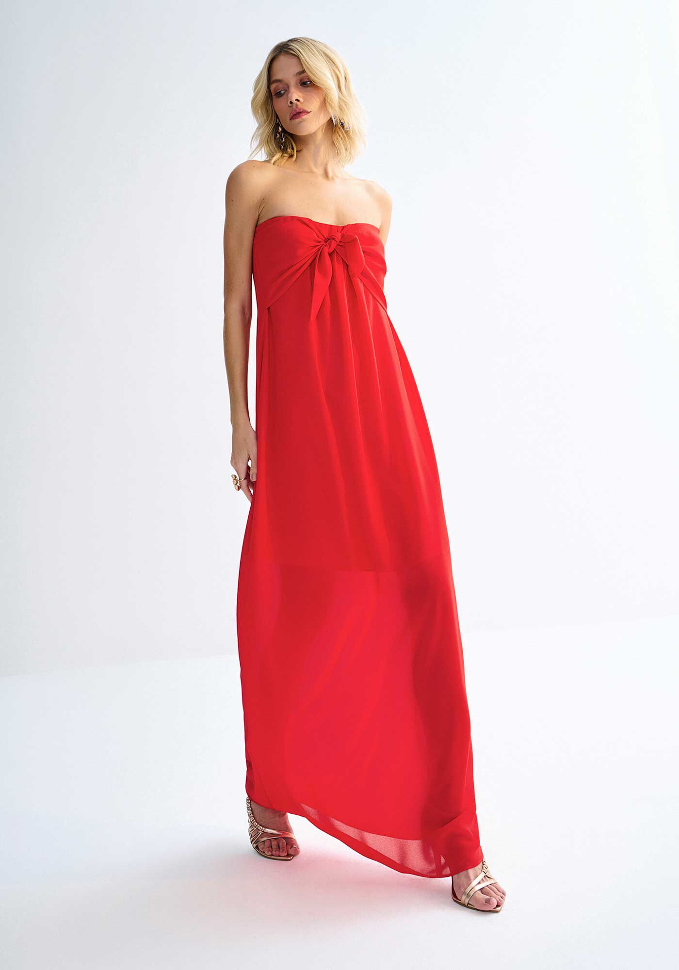 Vestido Longo Tomara que Caia em Chiffon com La&ccedil;o Decote, VERMELHO REDDISH, large.