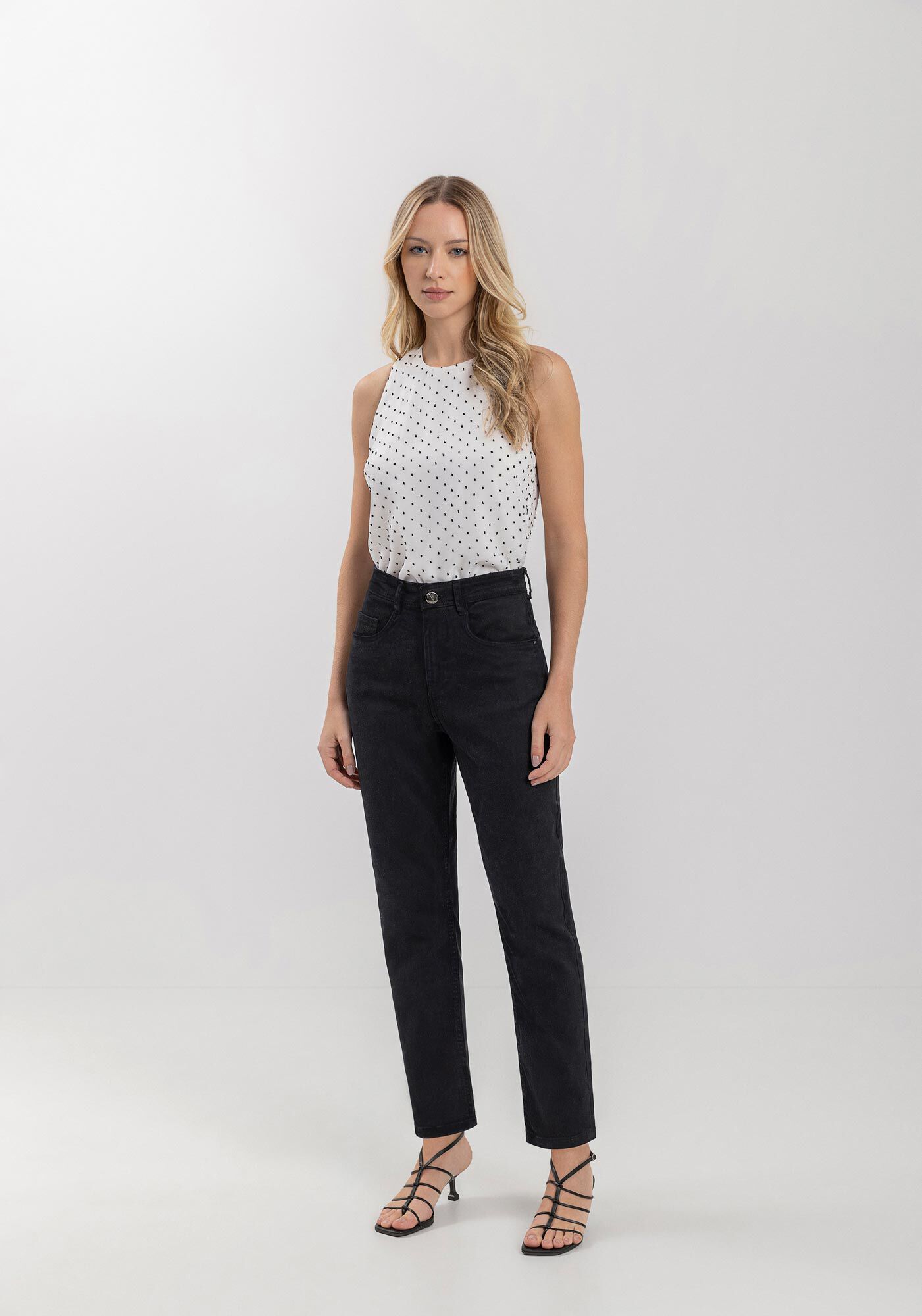 Cal&ccedil;a Mom De Cintura Alta Em Sarja Com Elastano, , large.