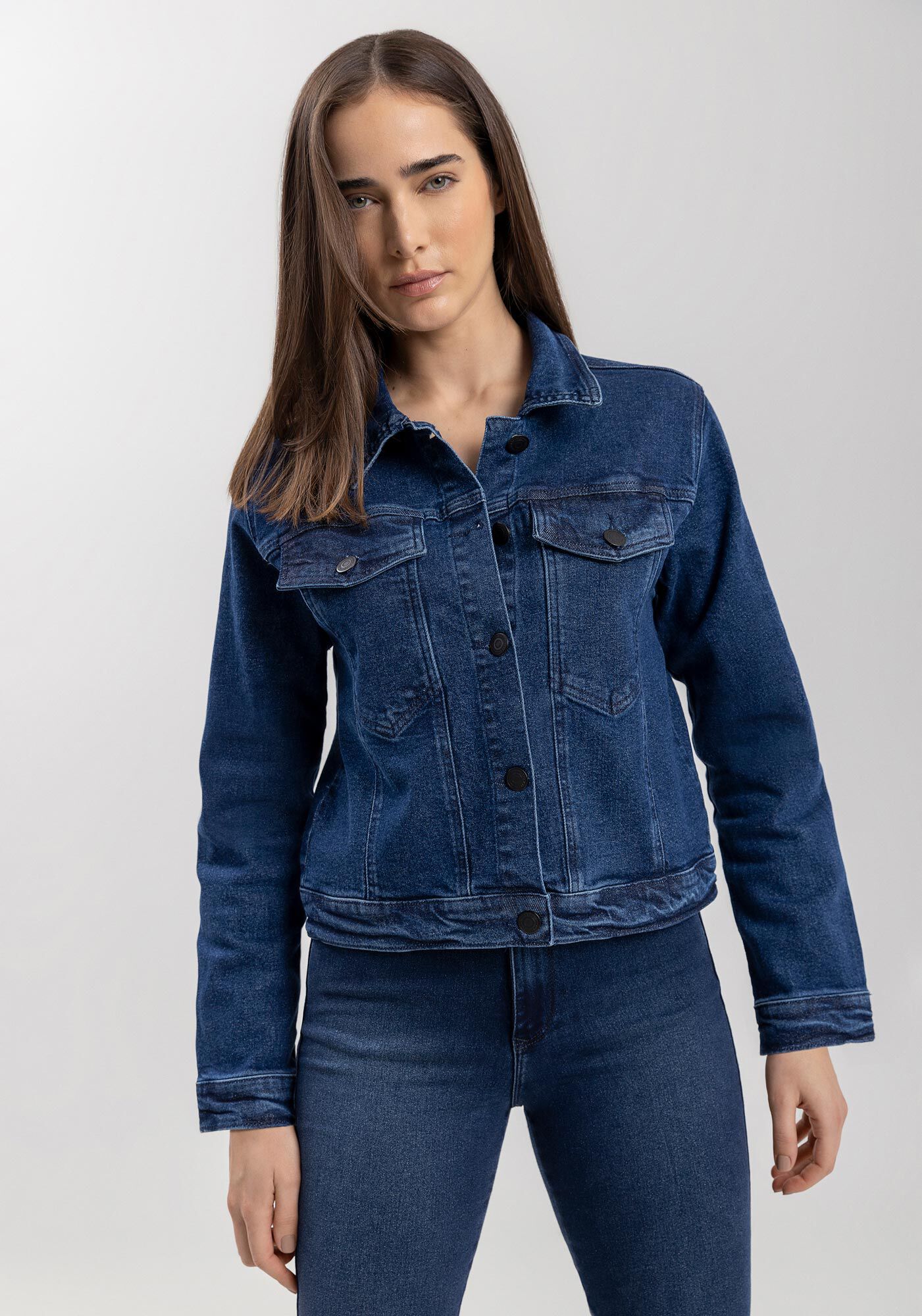 Jaqueta Jeans Curta Com Elastano E Bolsos Frontais, JEANS, large.