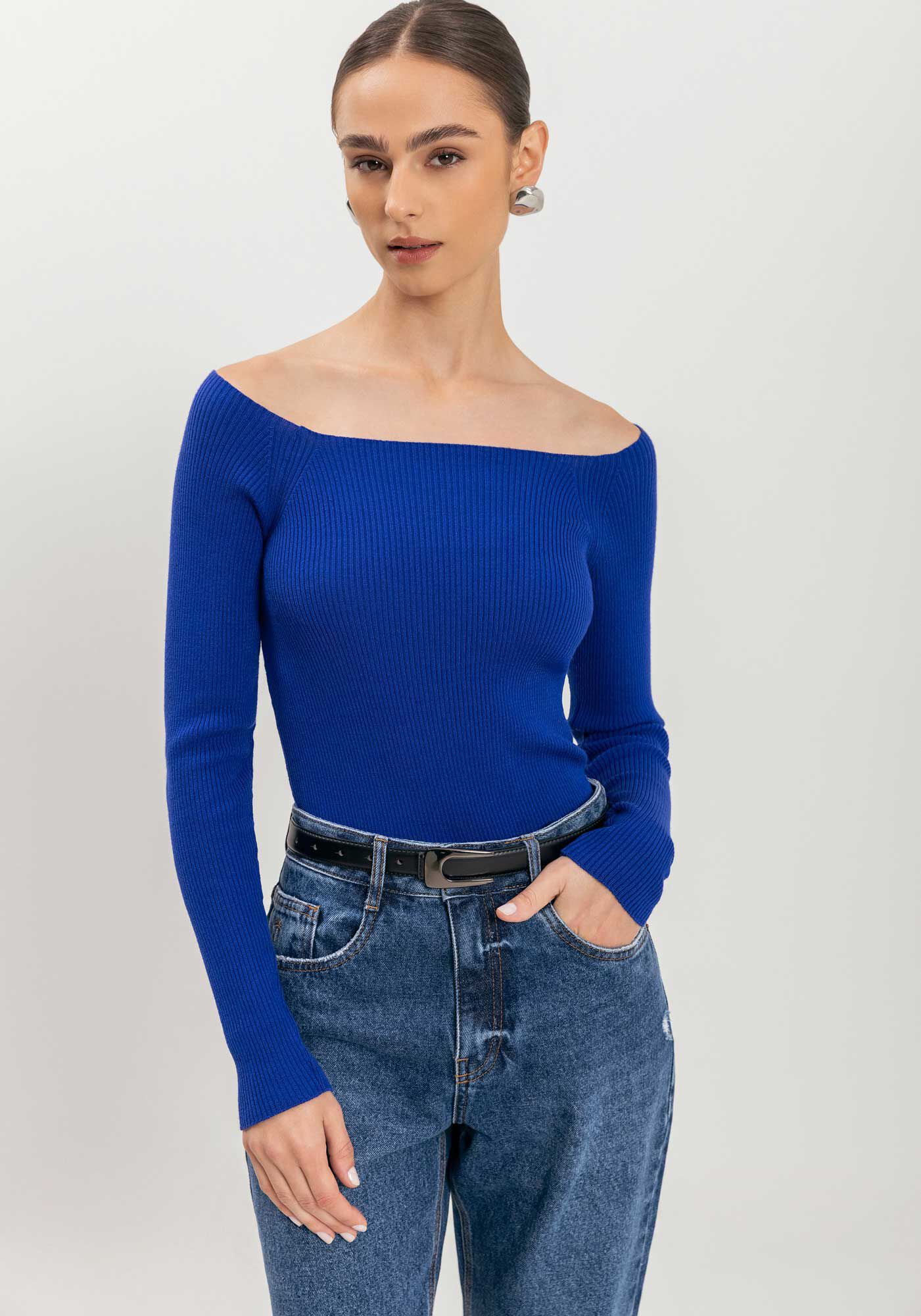 Blusa Ombro A Ombro De Mangas Longas Em Tric&ocirc;, , large.