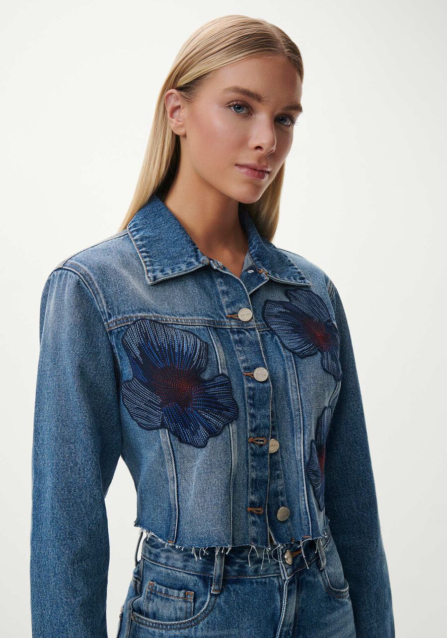 Jaqueta Jeans Cropped com Bordado Flores, . Jaqueta Jeans Cropped com Bordado Flores, , large.