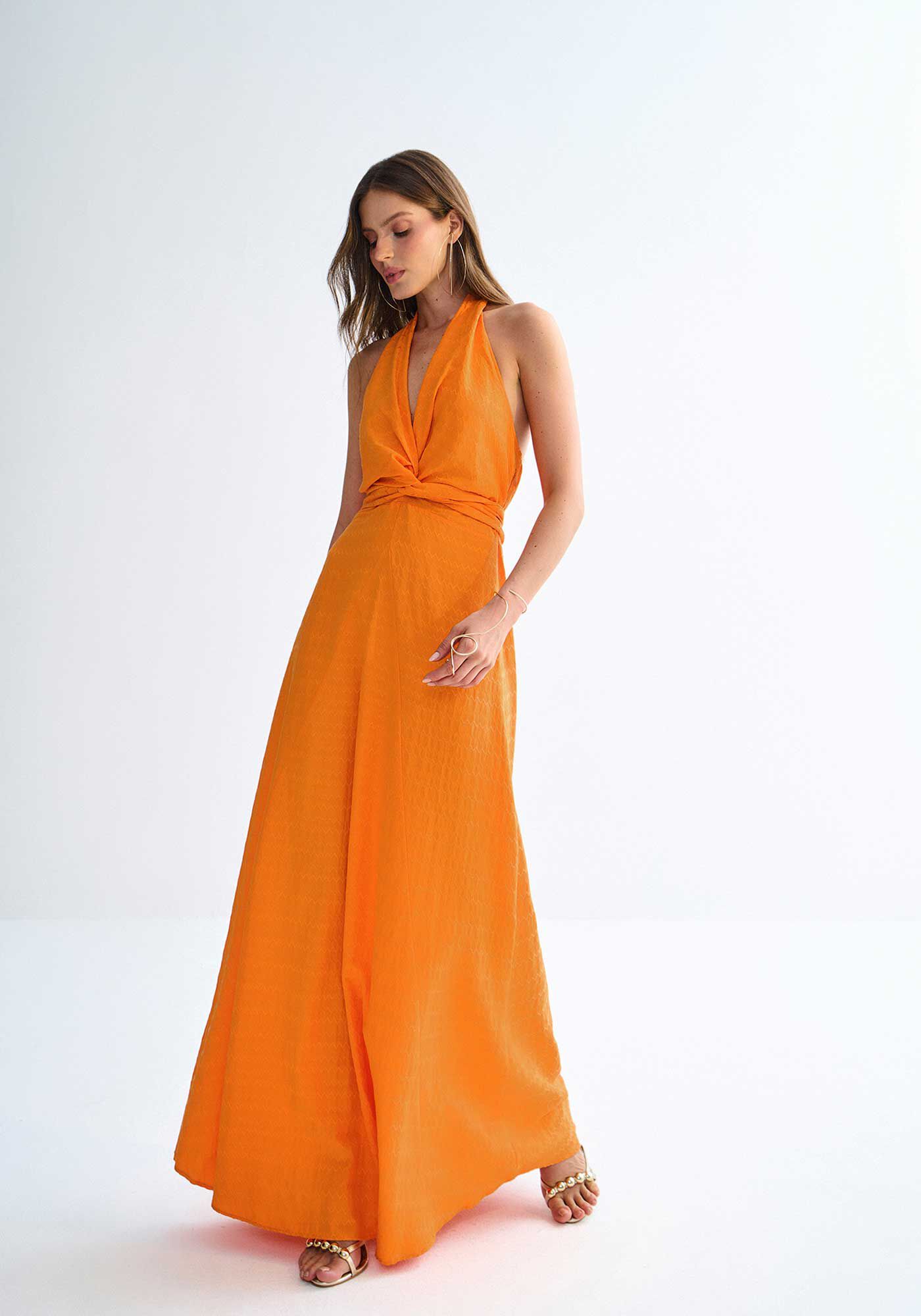 Vestido Frente &Uacute;nica Longo com Tor&ccedil;&atilde;o Decote, , large.