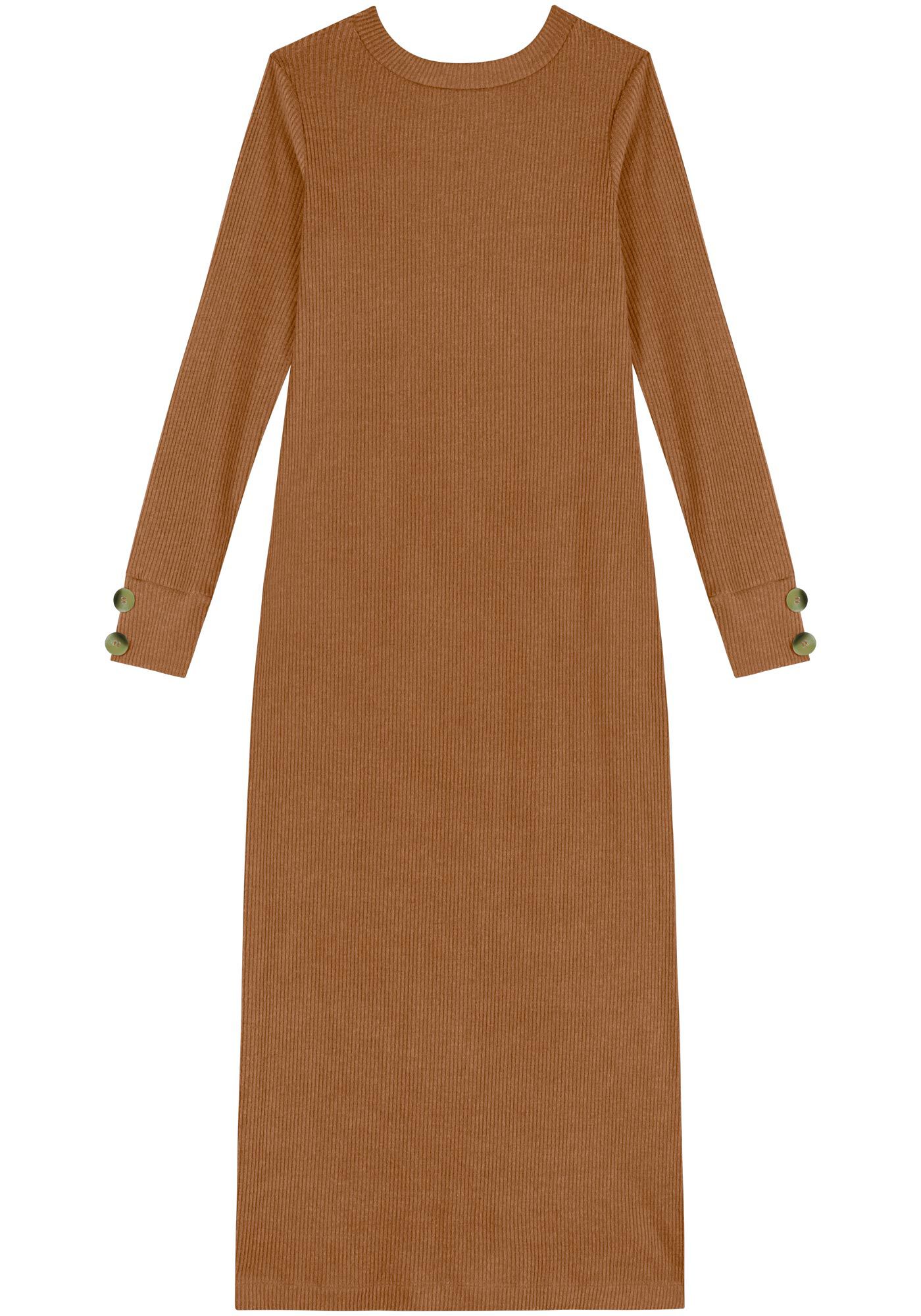 Vestido Midi Ch&aacute; De Mangas Longas Em Malha Canelada, , large.