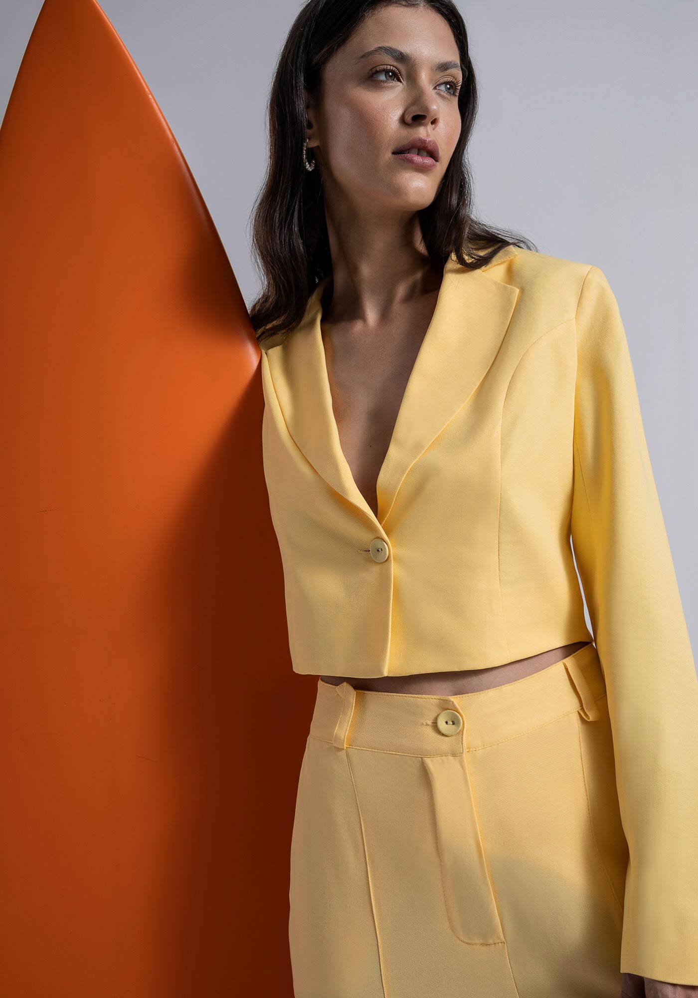 Blazer Manga Longa em Tecido Velurd Cropped, AMARELO LIMONADA, large.