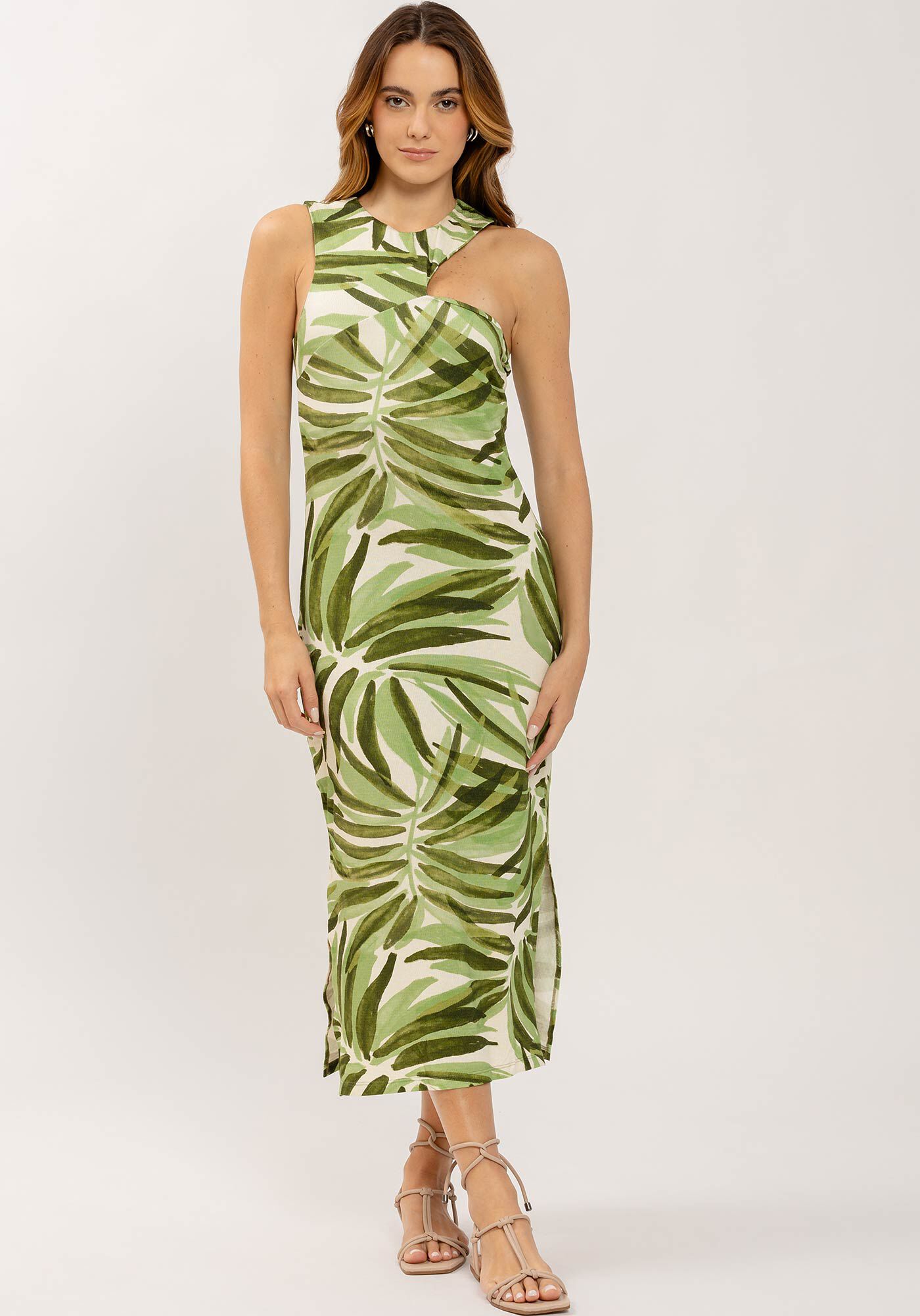 Vestido Midi Estampado com Decote Assim&eacute;trico, , large.