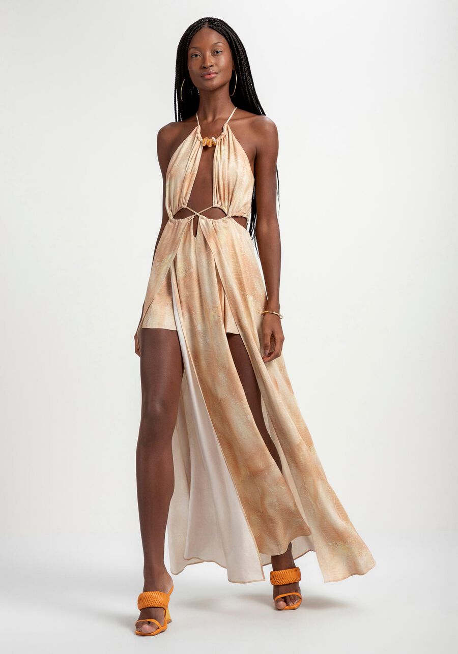 Vestido Longo em Crepe com Cut Out e Pedras, SIRENA. Vestido Longo em Crepe com Cut Out e Pedras, SIRENA, large.