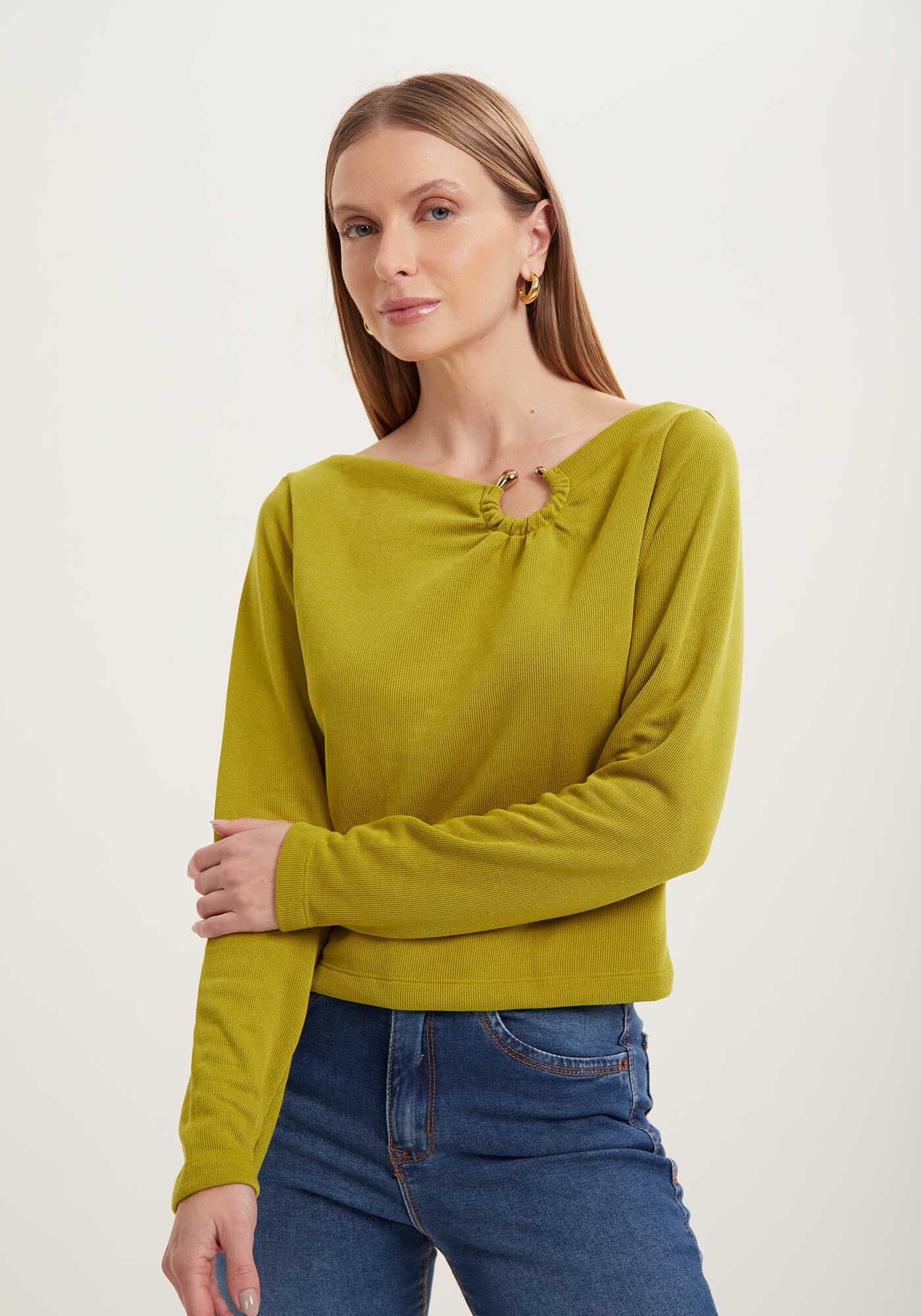 Blusa Curta De Mangas Longas Com Detalhe De Argola, VERDE NEW SOFT, large.