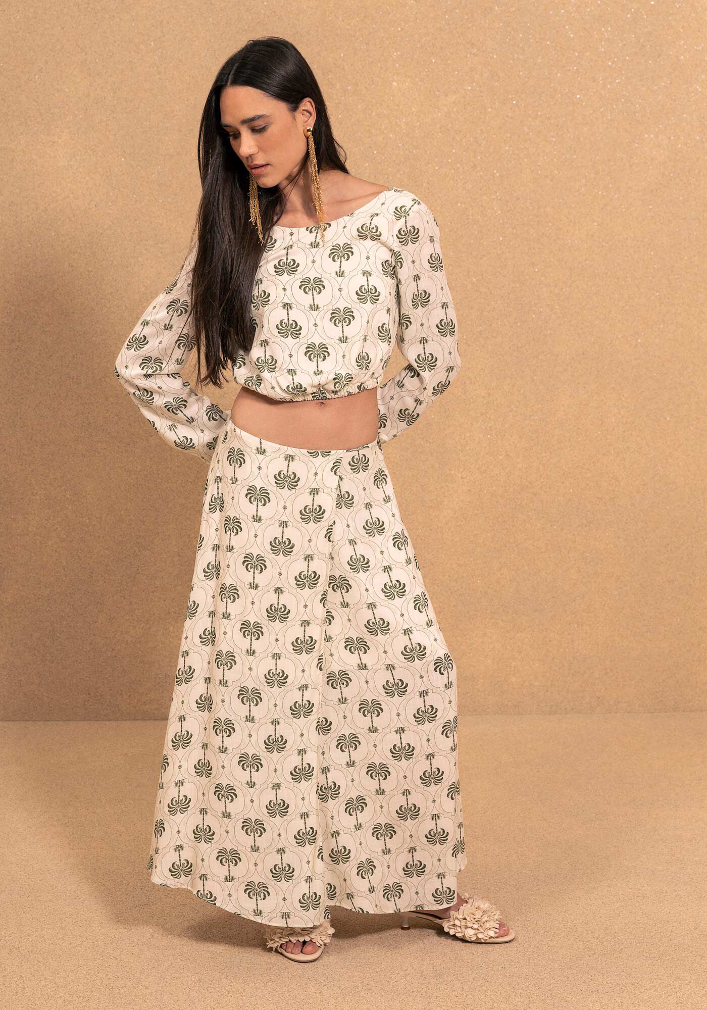 Blusa Curta Estampada De Mangas Longas Com Tor&ccedil;&atilde;o Posterior, MAXI PALM VERDE, large.