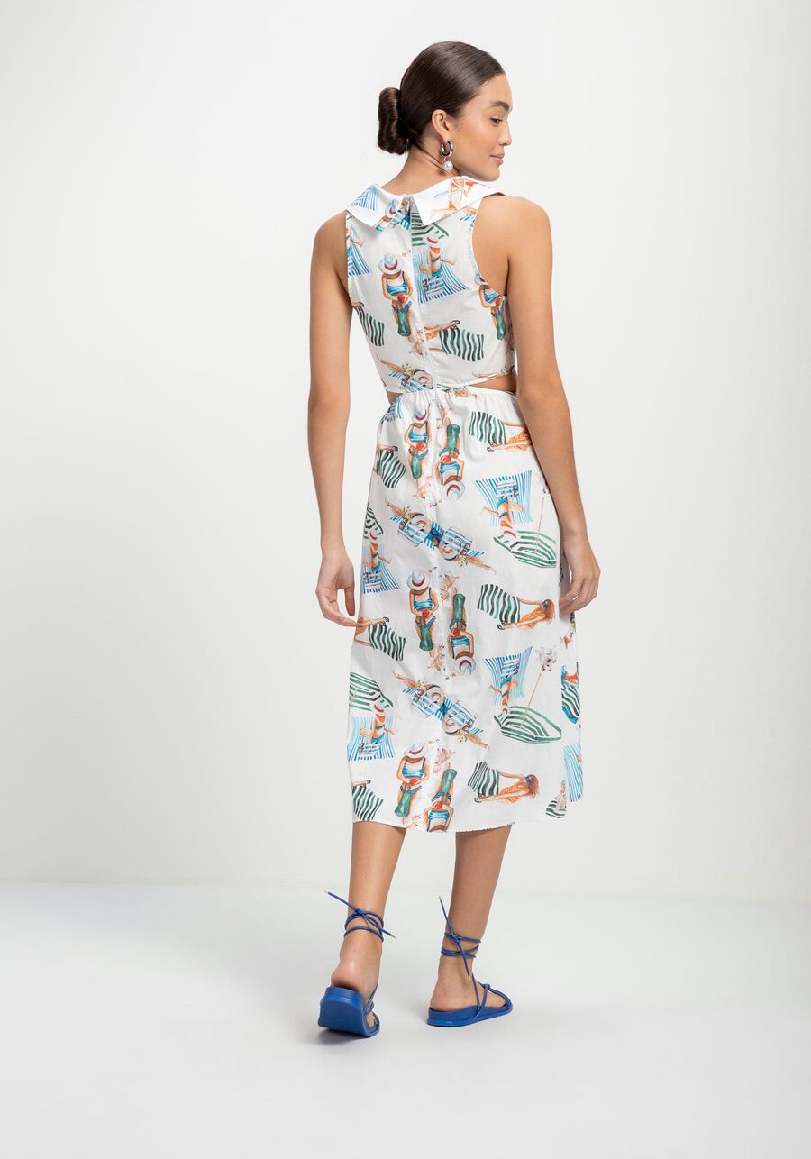 Vestido Midi Estampado em Tricoline com Gola, LAS MUJERES. Vestido Midi Estampado em Tricoline com Gola, LAS MUJERES, large.