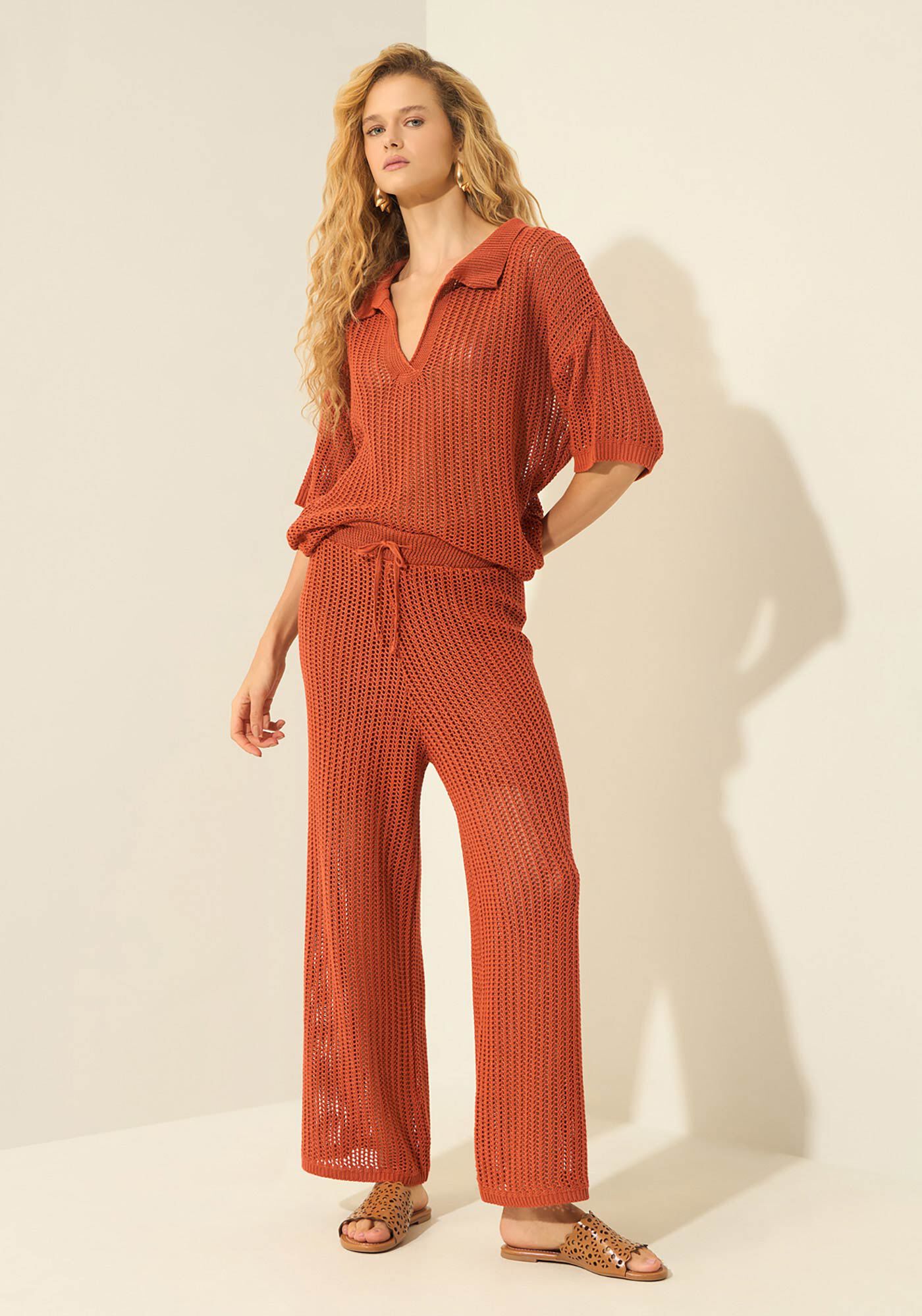 Blusa De Mangas Curtas Com Gola Em Malha Tric&ocirc;, LARANJA LOOSE, large.