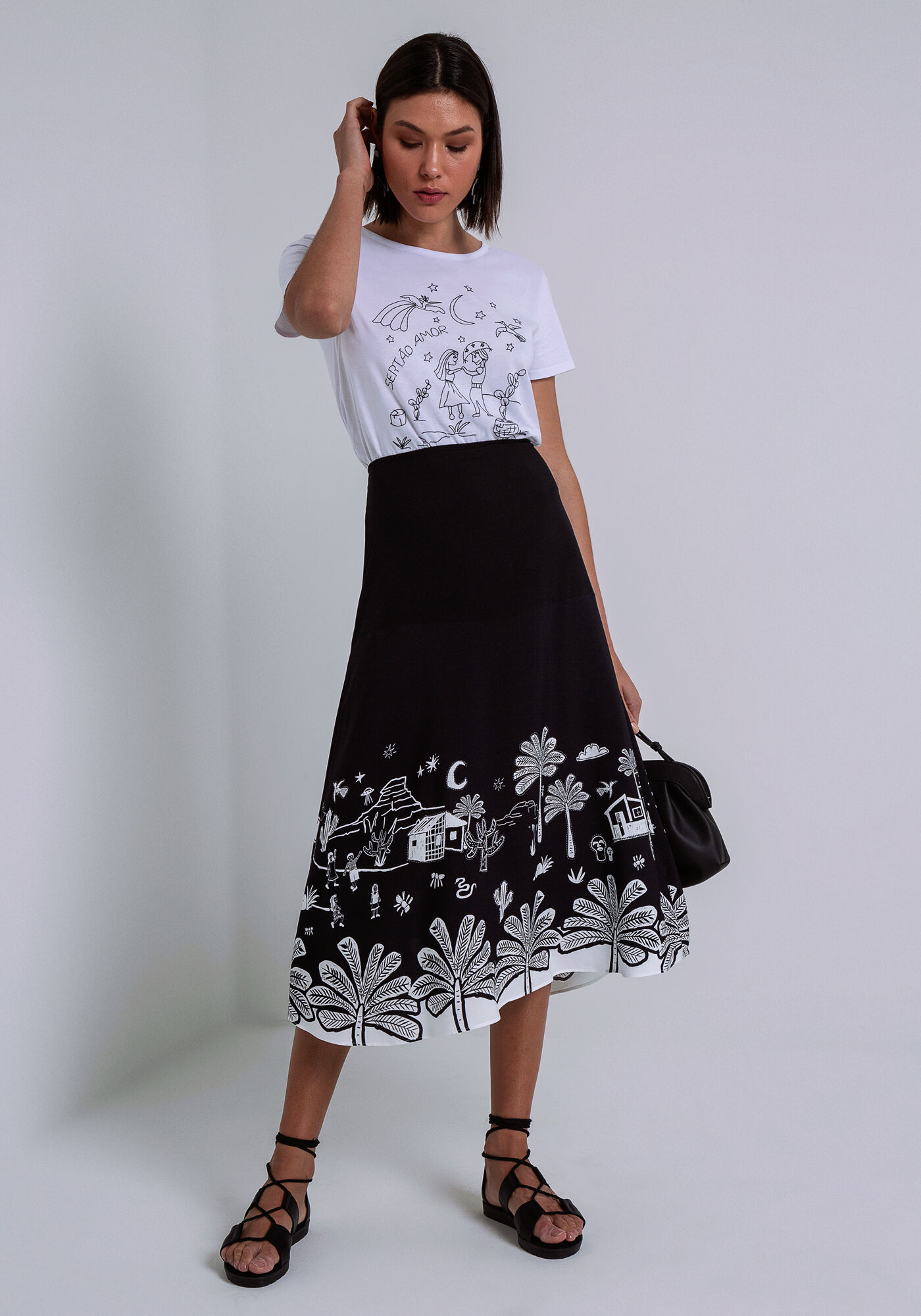 Saia Midi em Viscose Evas&ecirc;, XILOGRAVURA, large.