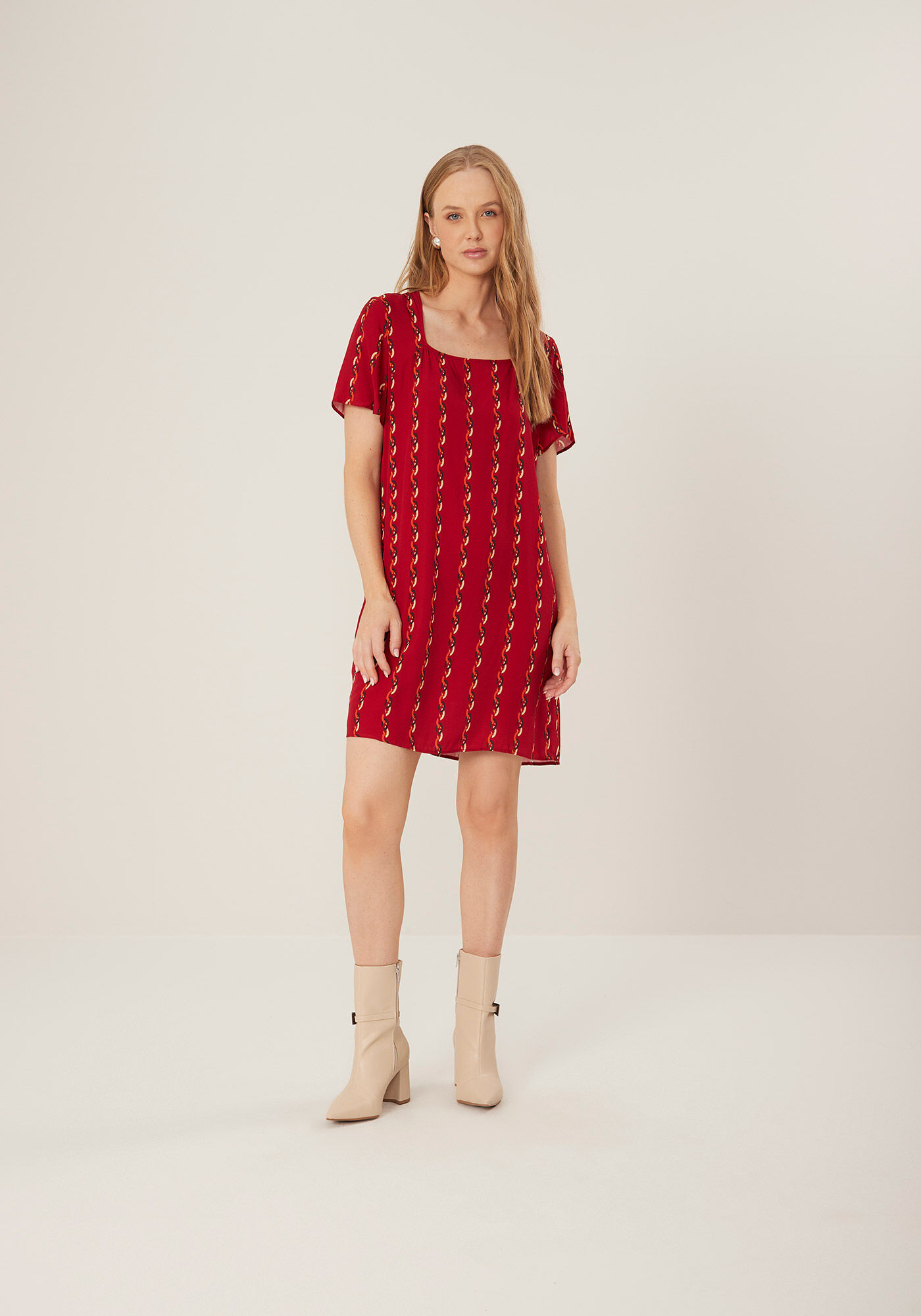 Vestido Curto Estampado De Mangas Com Decote Quadrado, , large.