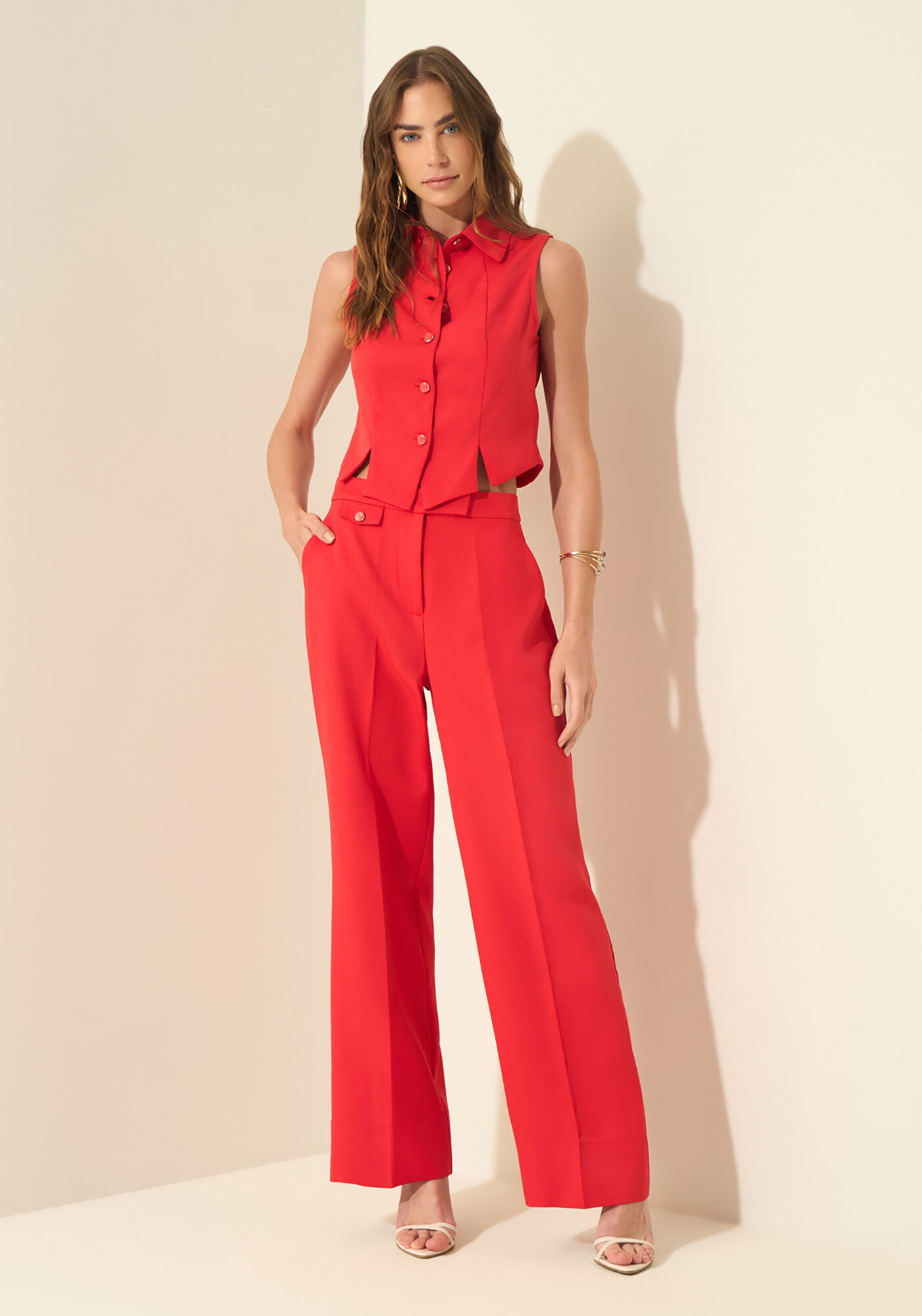 Cal&ccedil;a Reta De Cintura Alta Em Alfaiataria, VERMELHO POWER, large.