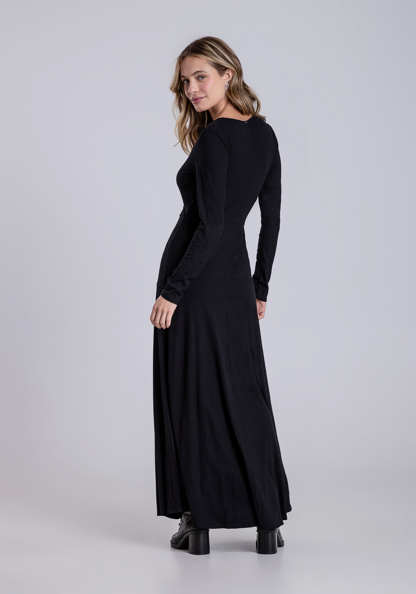 Vestido Midi Canelado Estampado, PRETO REATIVO, large.