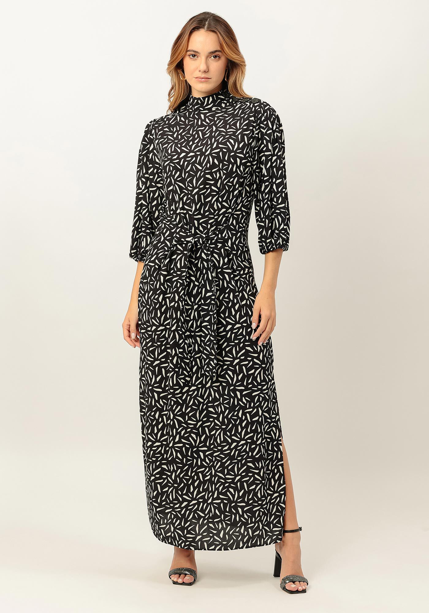 Vestido Midi Manga Bufante com Amarra&ccedil;&atilde;o, TEXTURE, large.