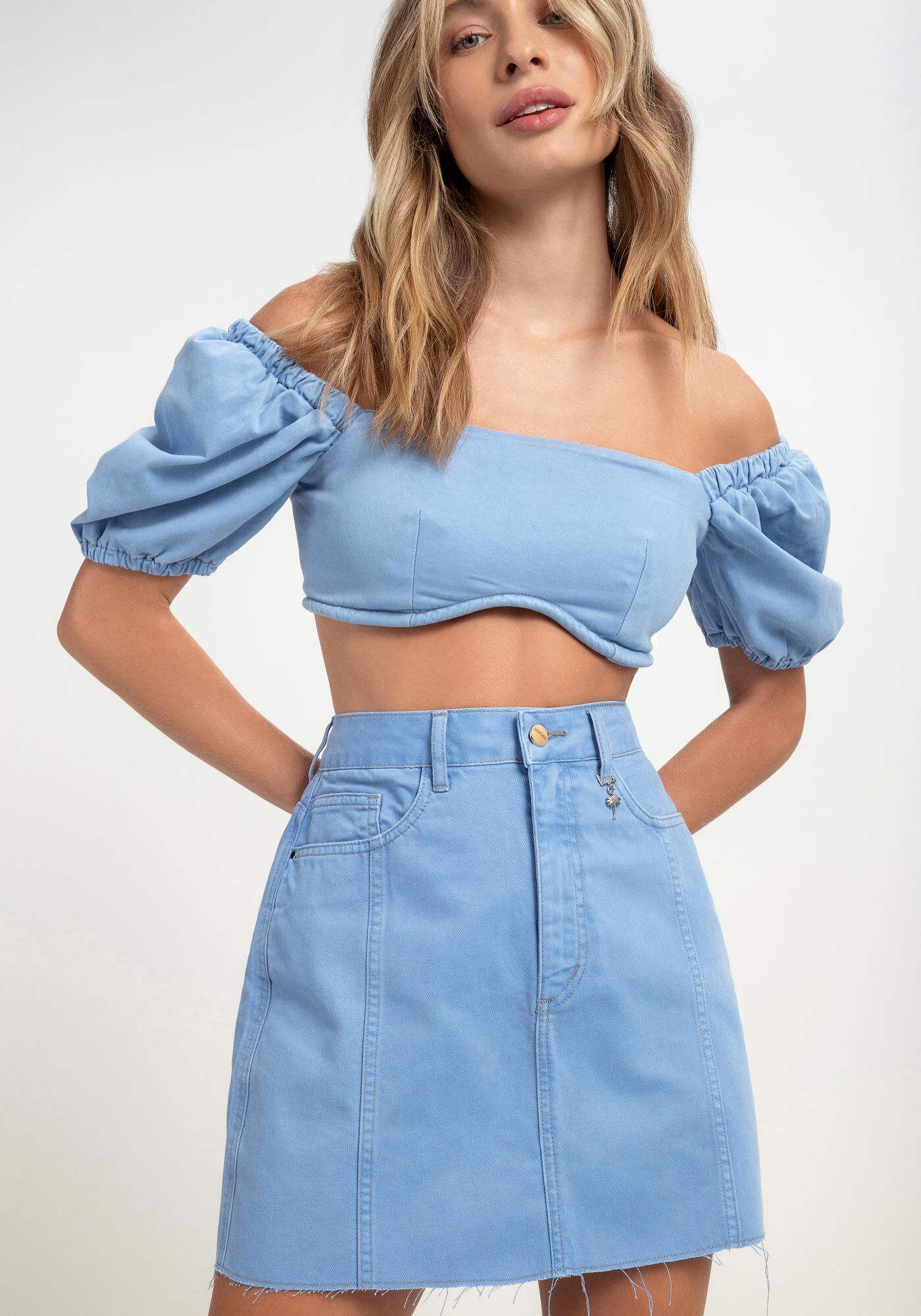 Saia Sarja Curta Cintura Alta com Pespontos, , large.