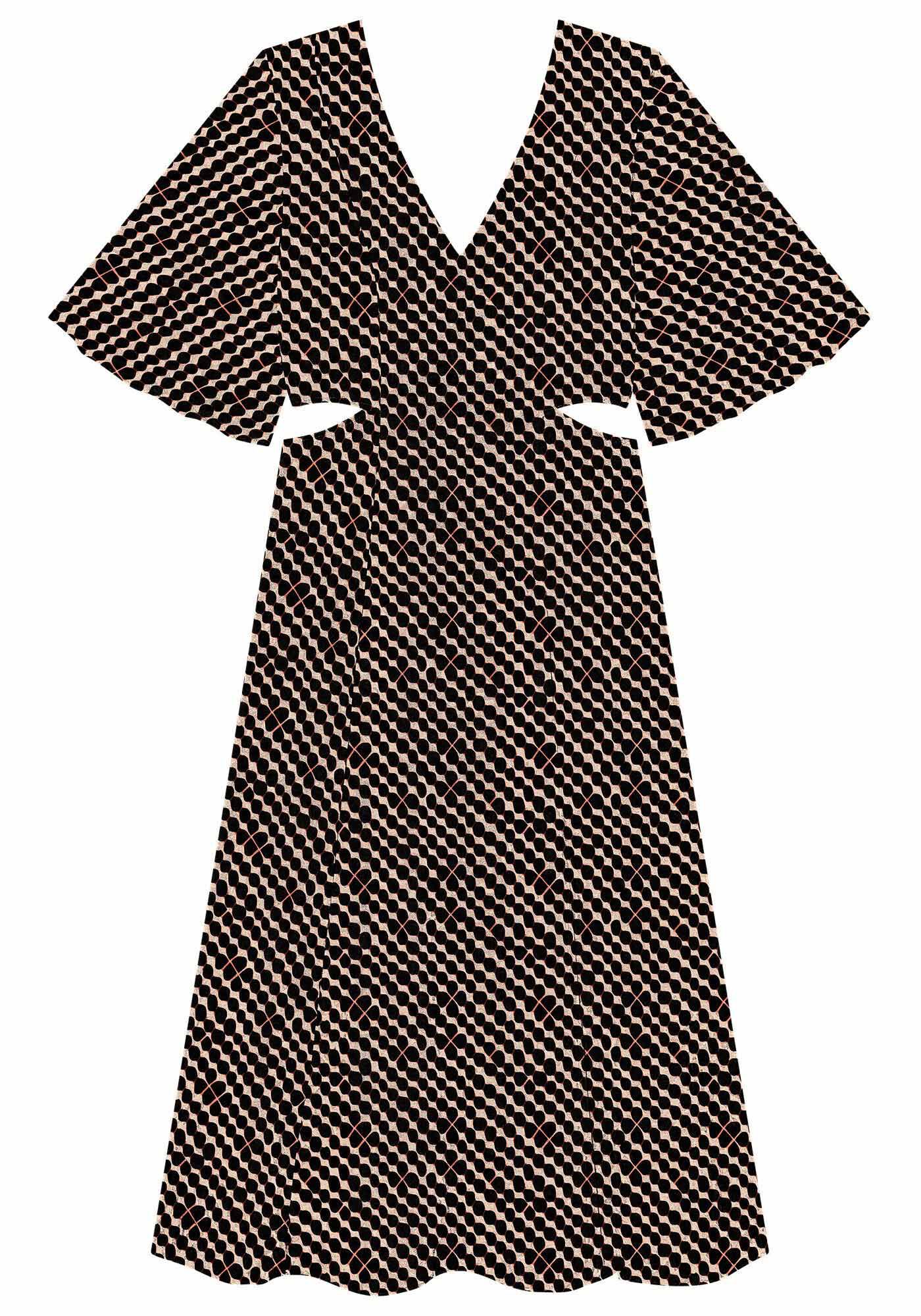 Vestido Midi Manga Flare com Cut Costas, PATTERN, large.