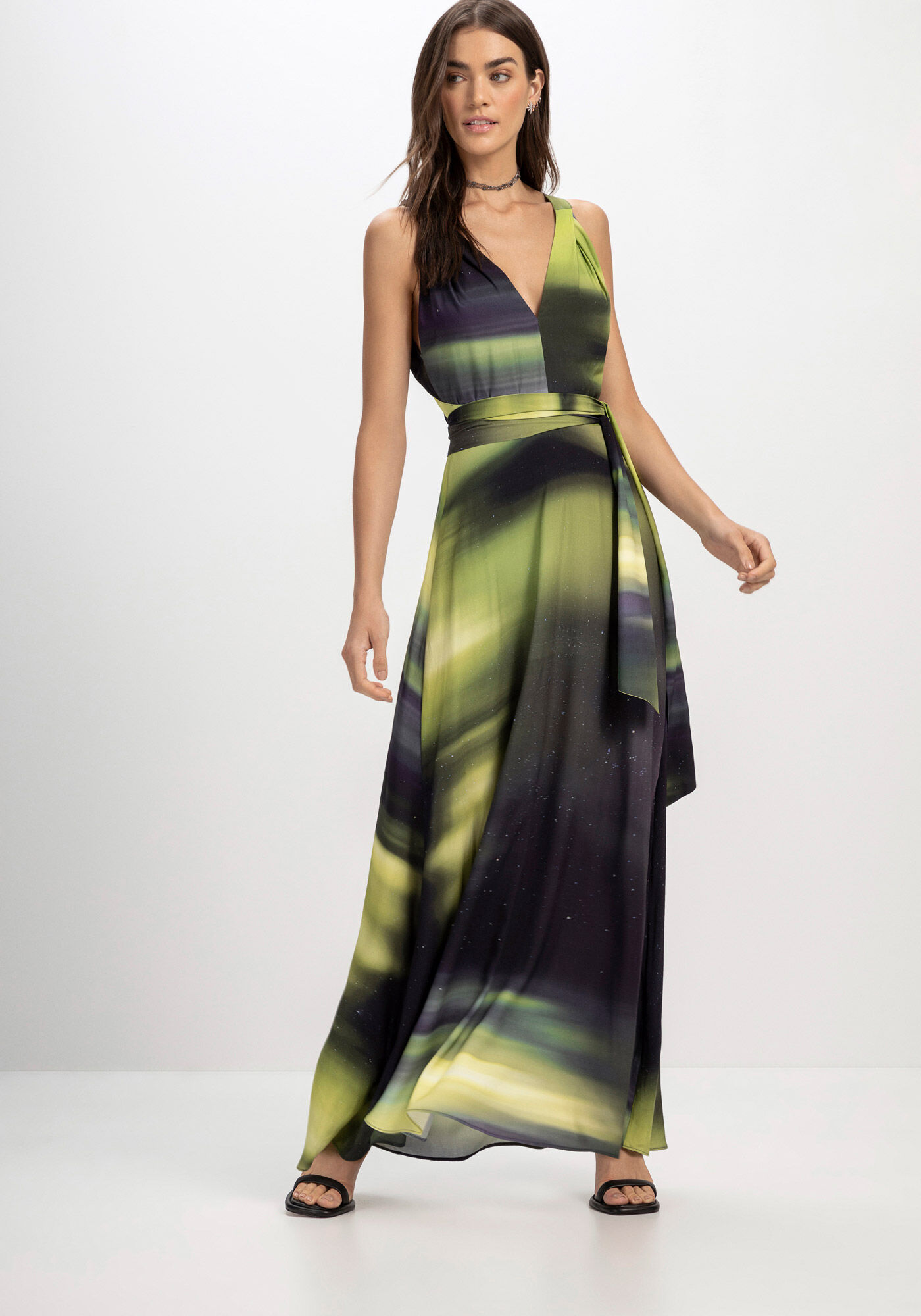 Vestido longo estampado com salto store