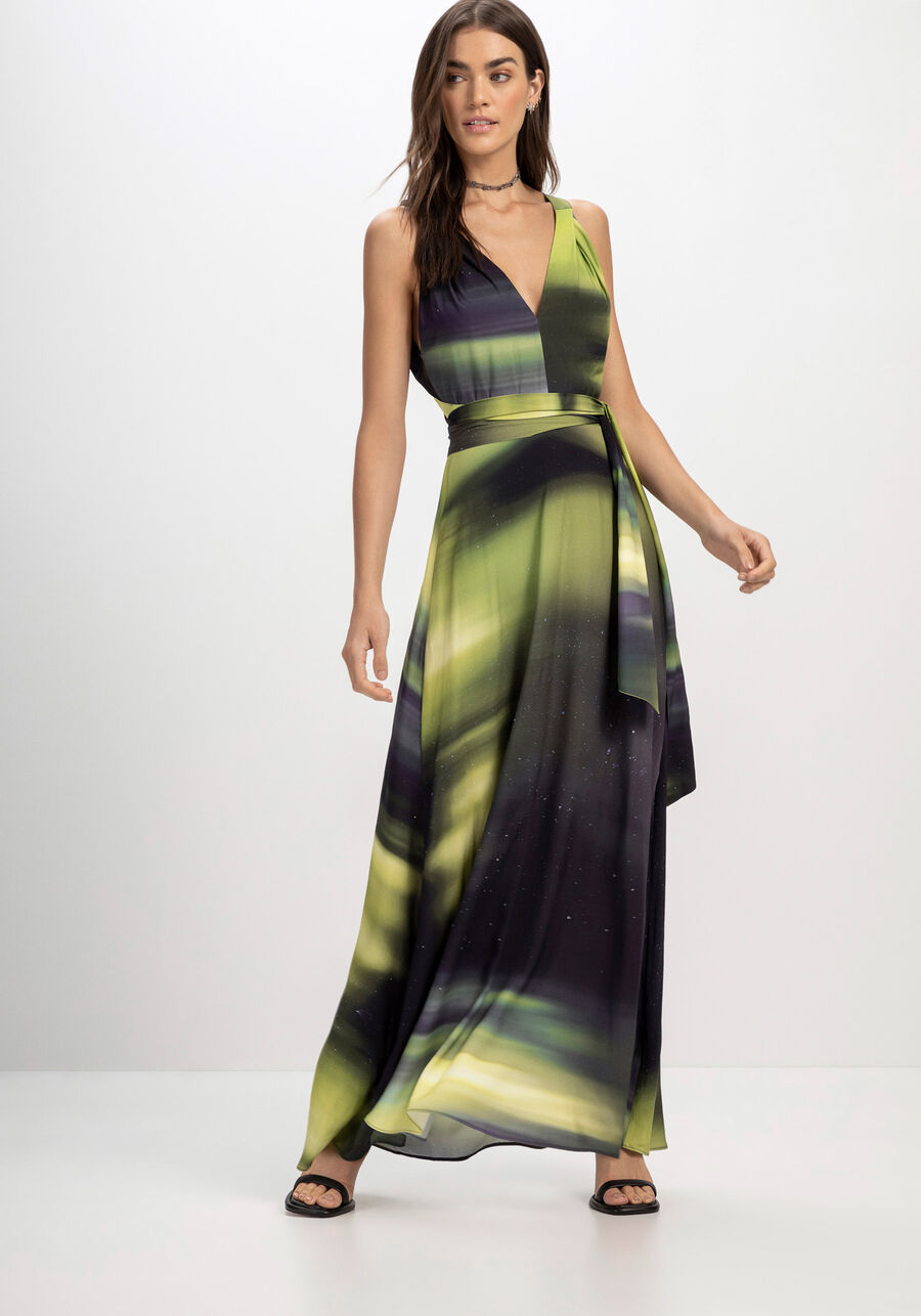Vestido Longo Estampado em Viscose com Faixa, . Vestido Longo Estampado em Viscose com Faixa, , large.