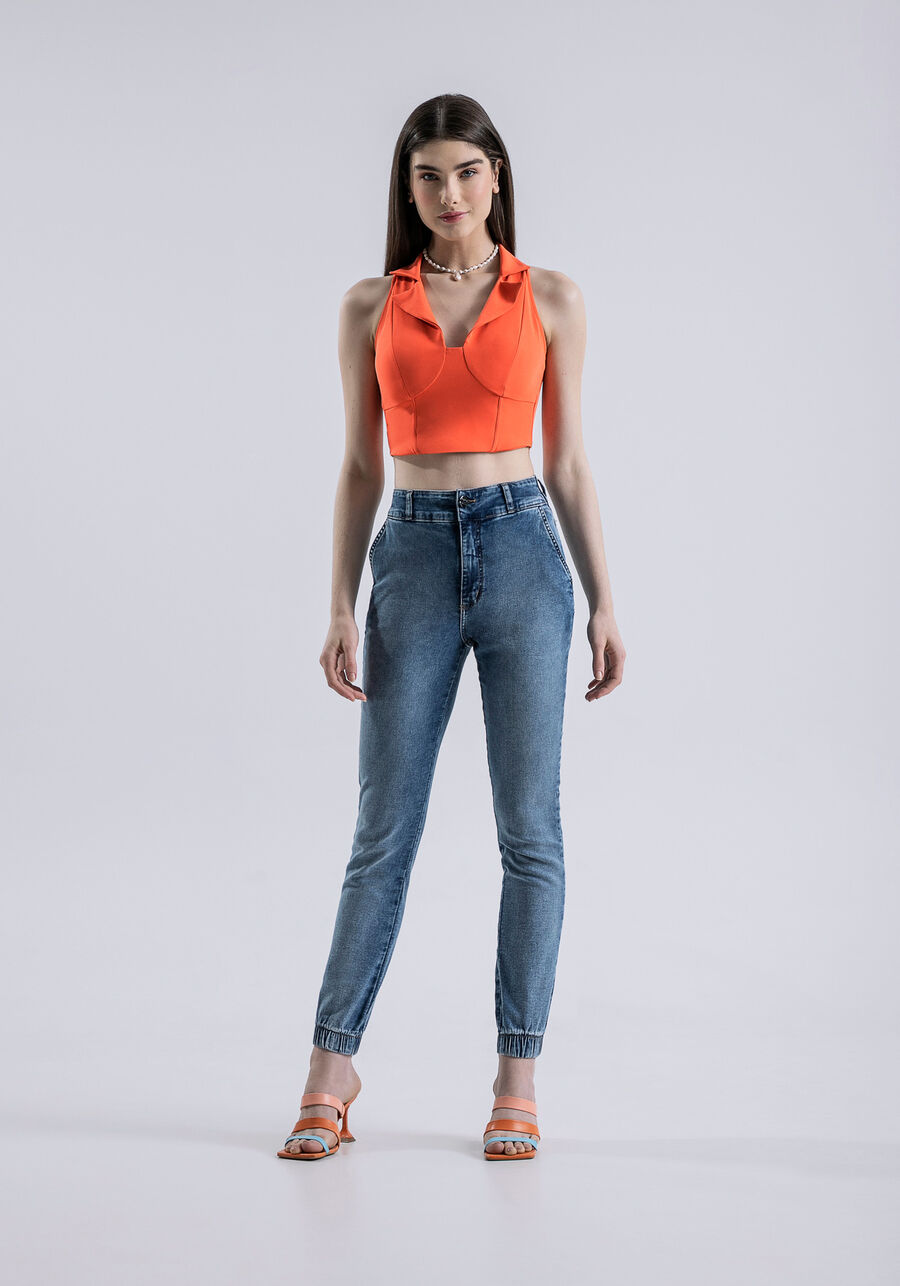 Calça Jeans Jogging Cropped Cintura Alta, JEANS. Calça Jeans Jogging Cropped Cintura Alta, JEANS, large.