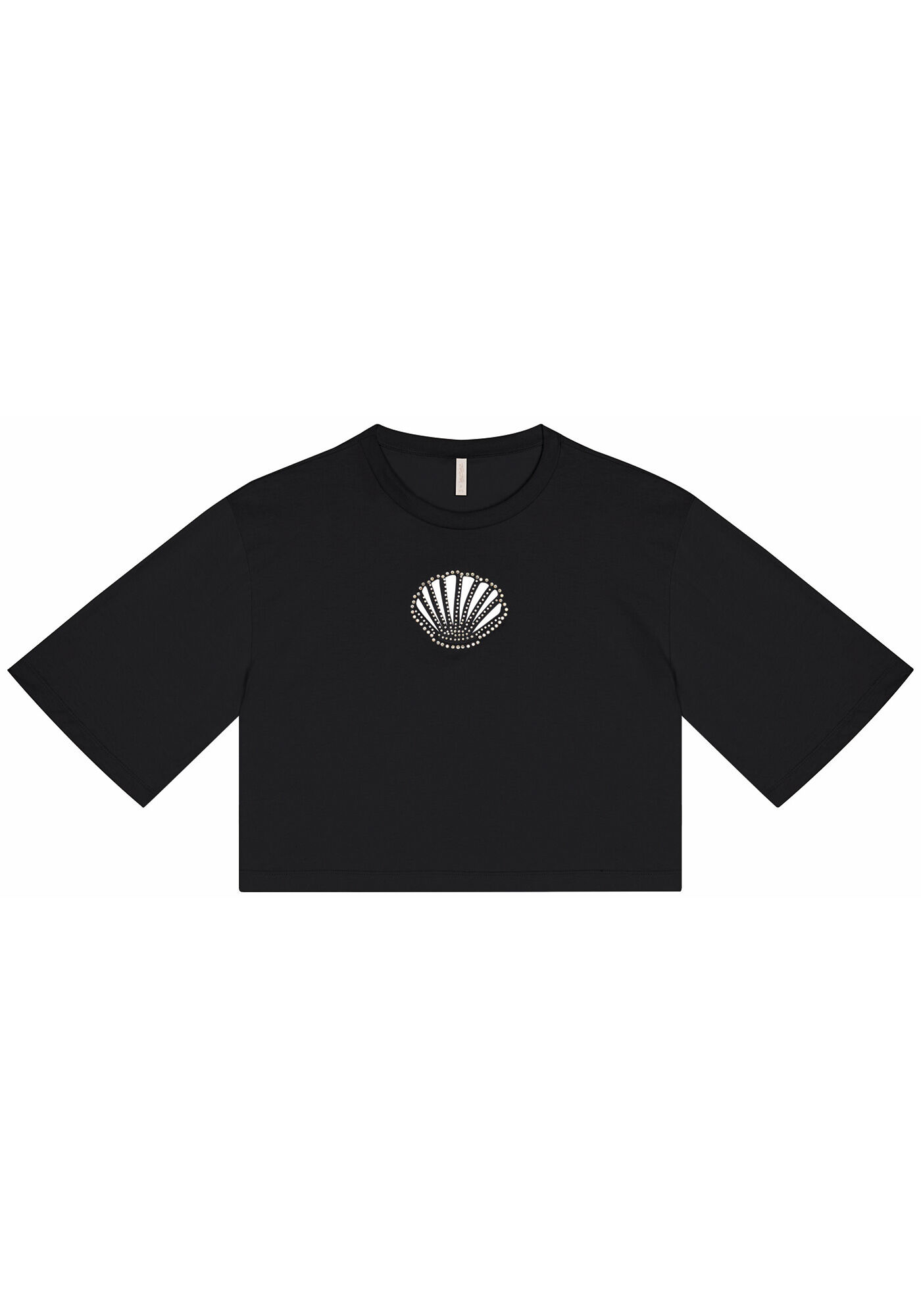 T-shirt em Malha Prime com Bordado Concha e Strass, PRETO REATIVO, large.
