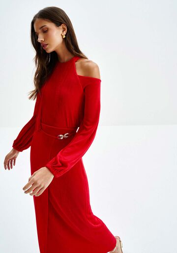 Blusa Manga Longa com Recorte Ombros e Amarração, VERMELHO ROSE MADDER. Blusa Manga Longa com Recorte Ombros e Amarração, VERMELHO ROSE MADDER, large.