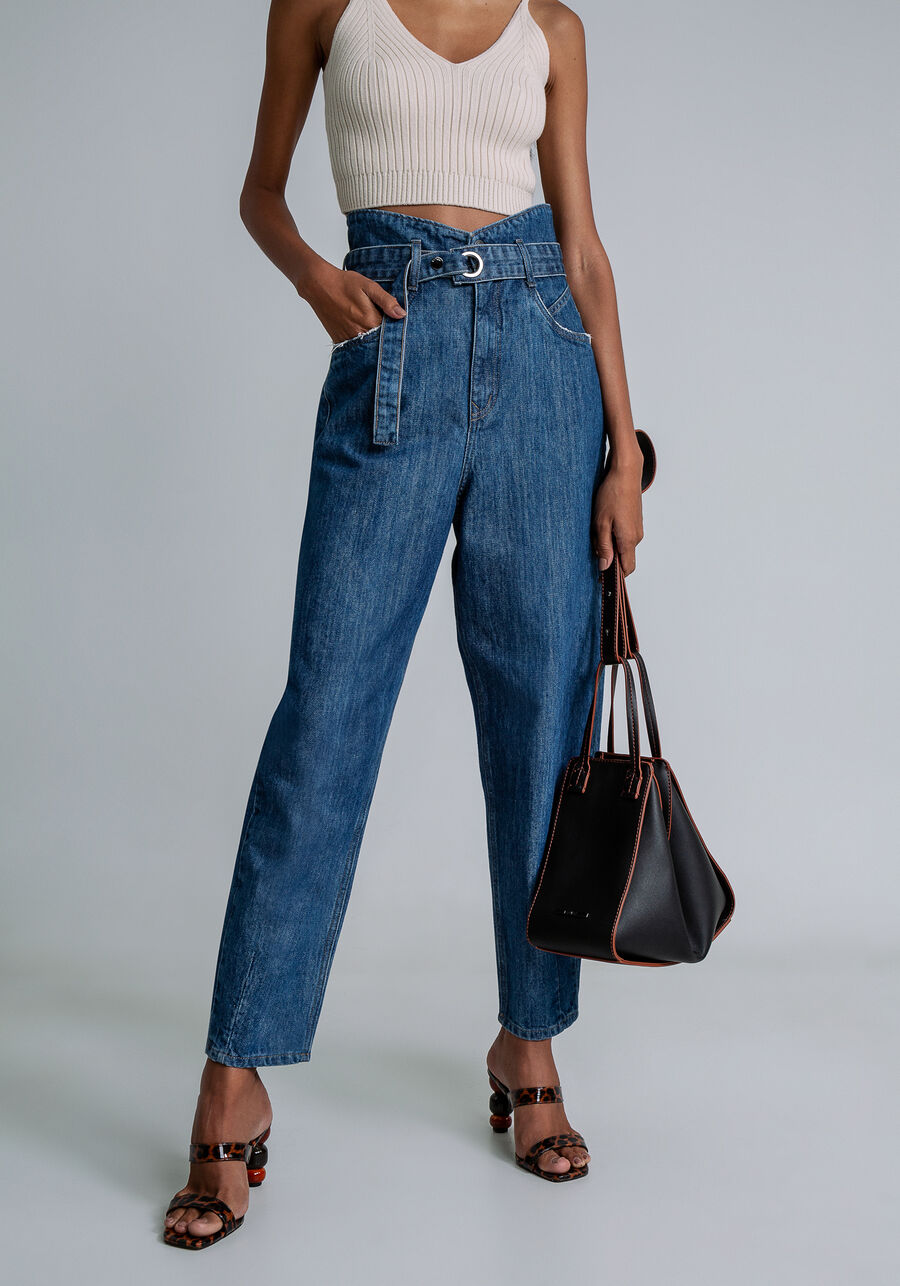Calça Jeans Baggy Cropped com Cinto, JEANS. Calça Jeans Baggy Cropped com Cinto, JEANS, large.