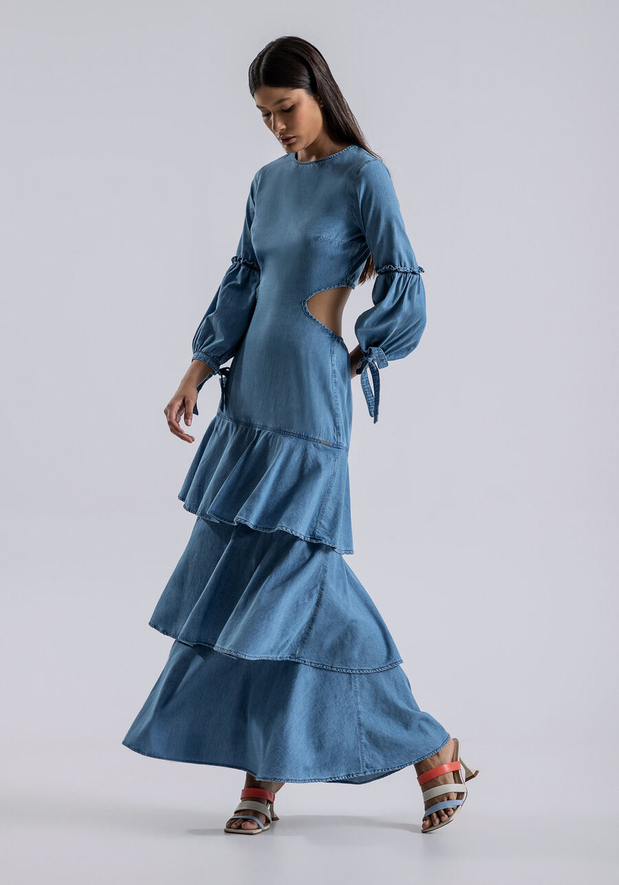 Vestido Longo Jeans com Babados e Recorte, . Vestido Longo Jeans com Babados e Recorte, , large.